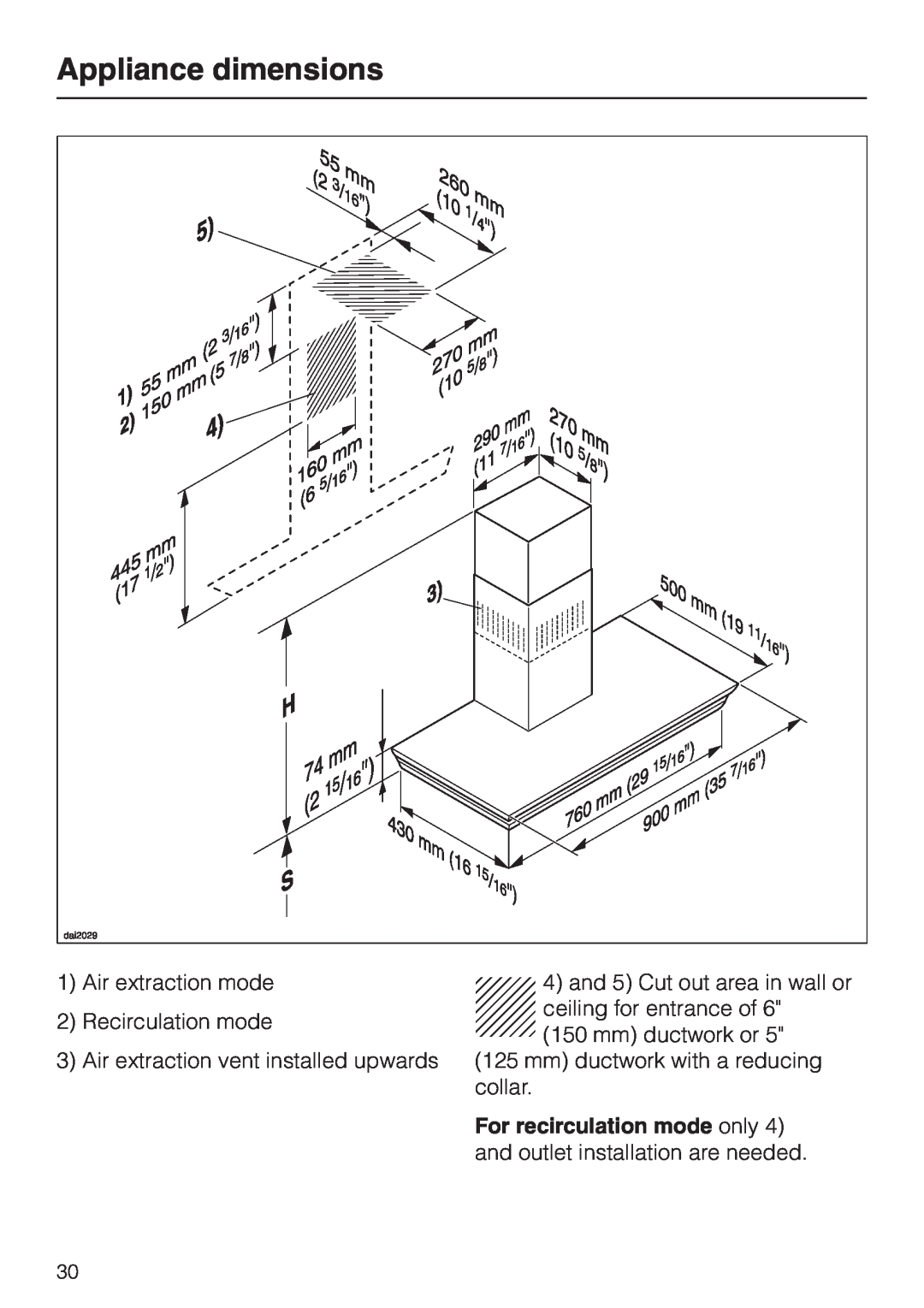 Miele DA 279-4 Appliance dimensions, 1Air extraction mode 2Recirculation mode, 3Air extraction vent installed upwards 