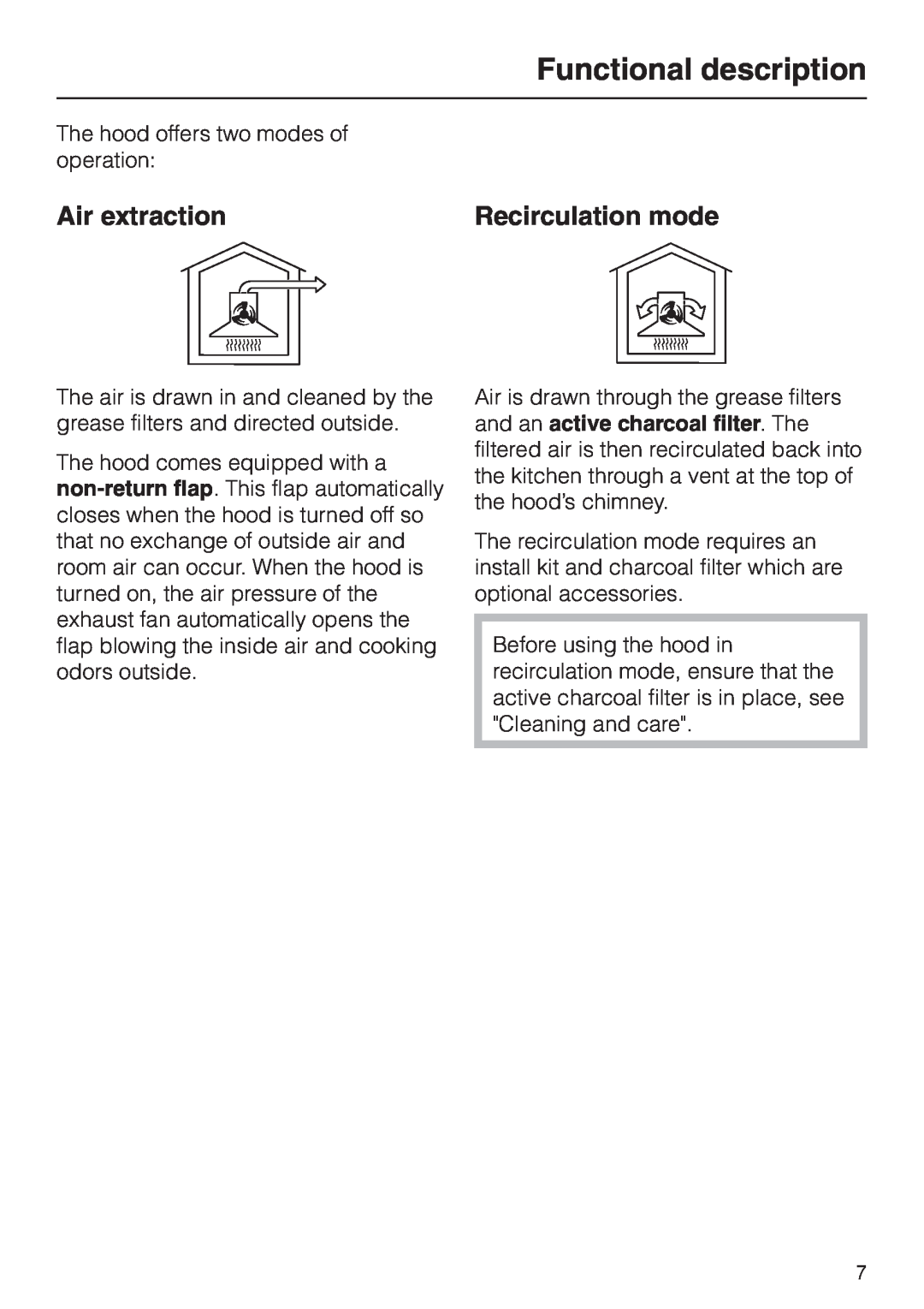 Miele DA 279-4 installation instructions Functional description, Air extraction, Recirculation mode 