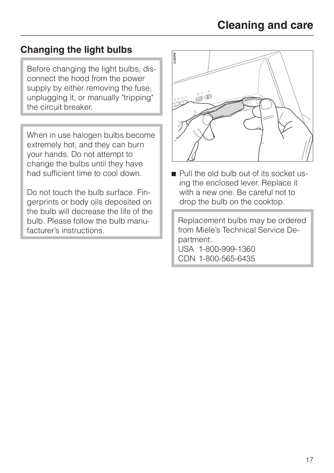 Miele DA 289-3 installation instructions Changing the light bulbs 