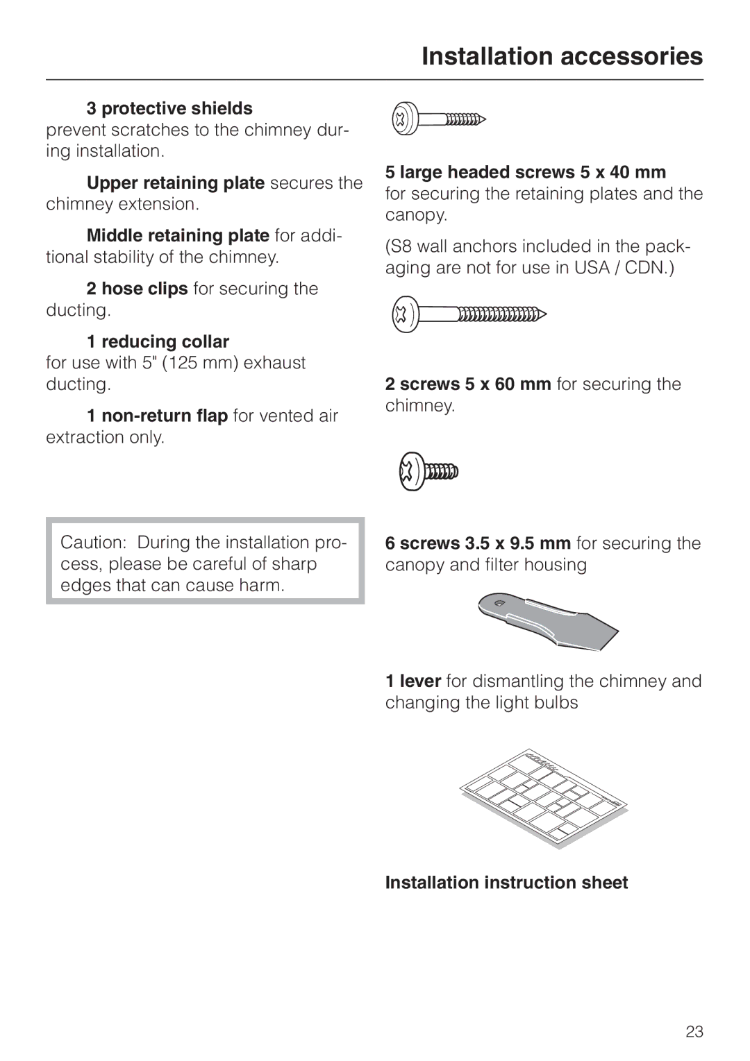 Miele DA 289-3 installation instructions Protective shields, Reducing collar, Installation instruction sheet 