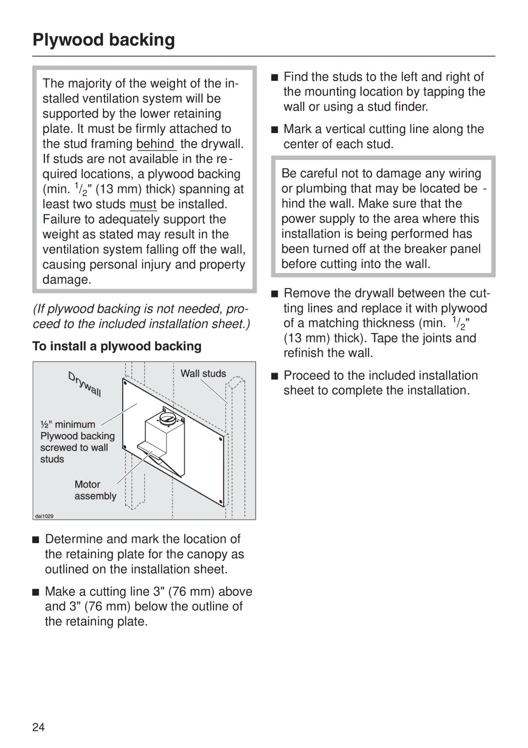 Miele DA 289-3 installation instructions Plywood backing, To install a plywood backing 