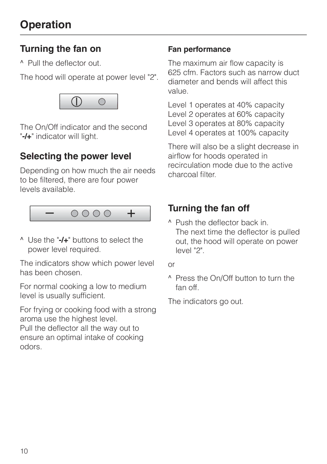 Miele DA3190, DA 3180 Operation, Turning the fan on, Selecting the power level, Turning the fan off, Fan performance 