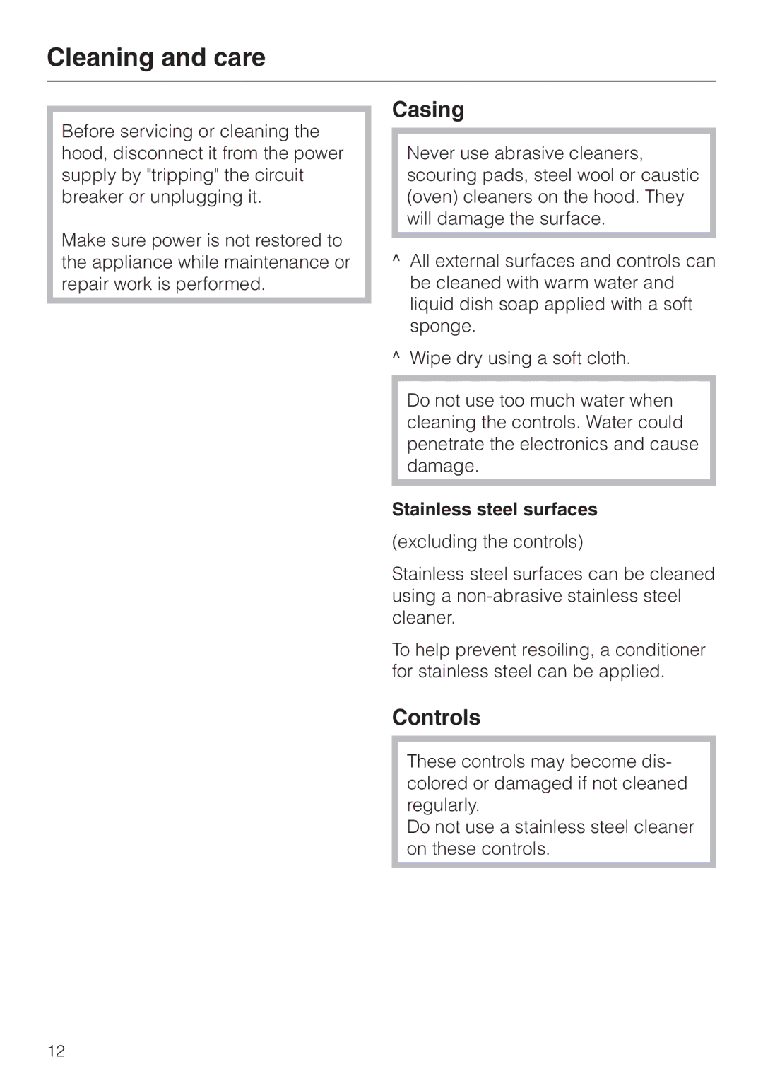 Miele DA 3180, DA3190, DA 3160 installation instructions Cleaning and care, Casing, Controls, Stainless steel surfaces 