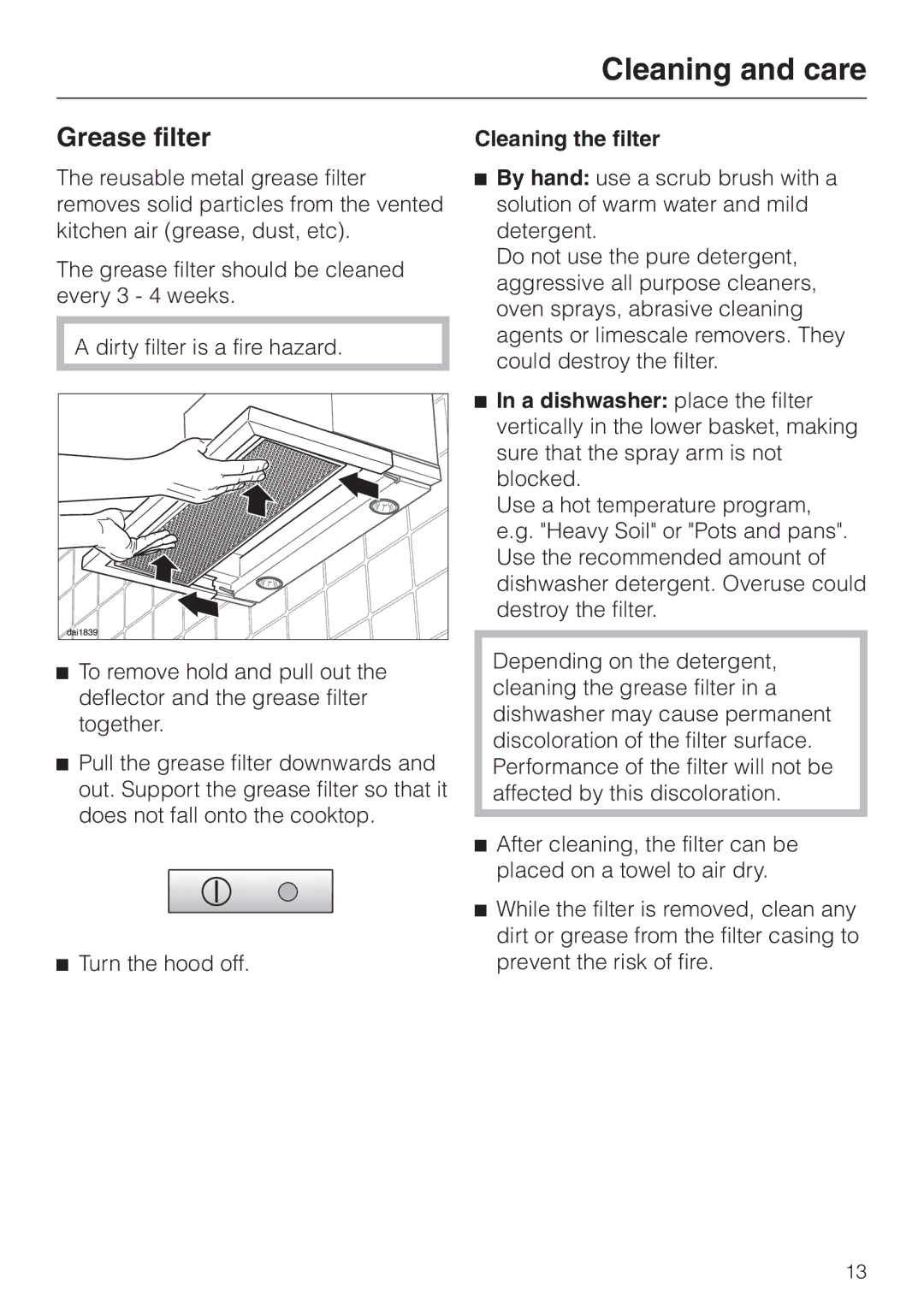 Miele DA3190, DA 3180, DA 3160 installation instructions Grease filter, Cleaning the filter 