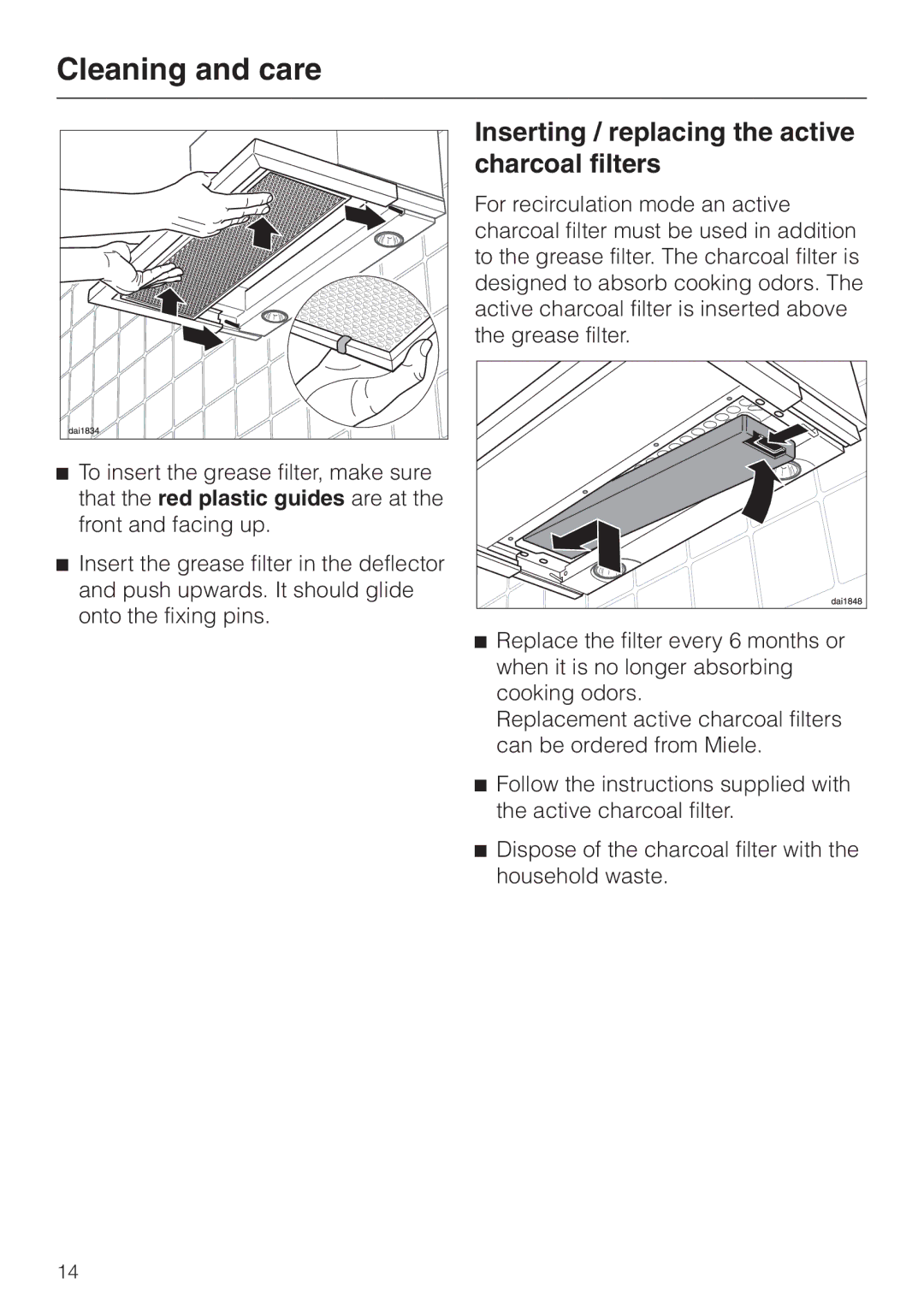 Miele DA 3160, DA 3180, DA3190 installation instructions Inserting / replacing the active charcoal filters 