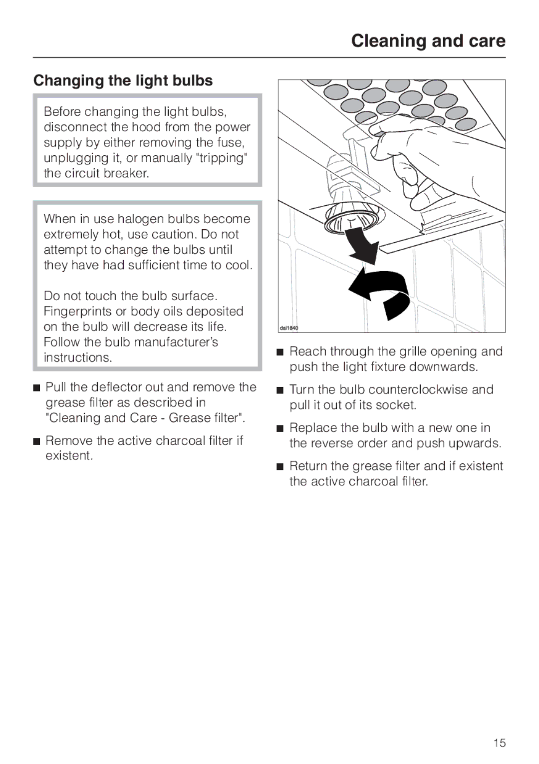 Miele DA 3180, DA3190, DA 3160 installation instructions Changing the light bulbs 