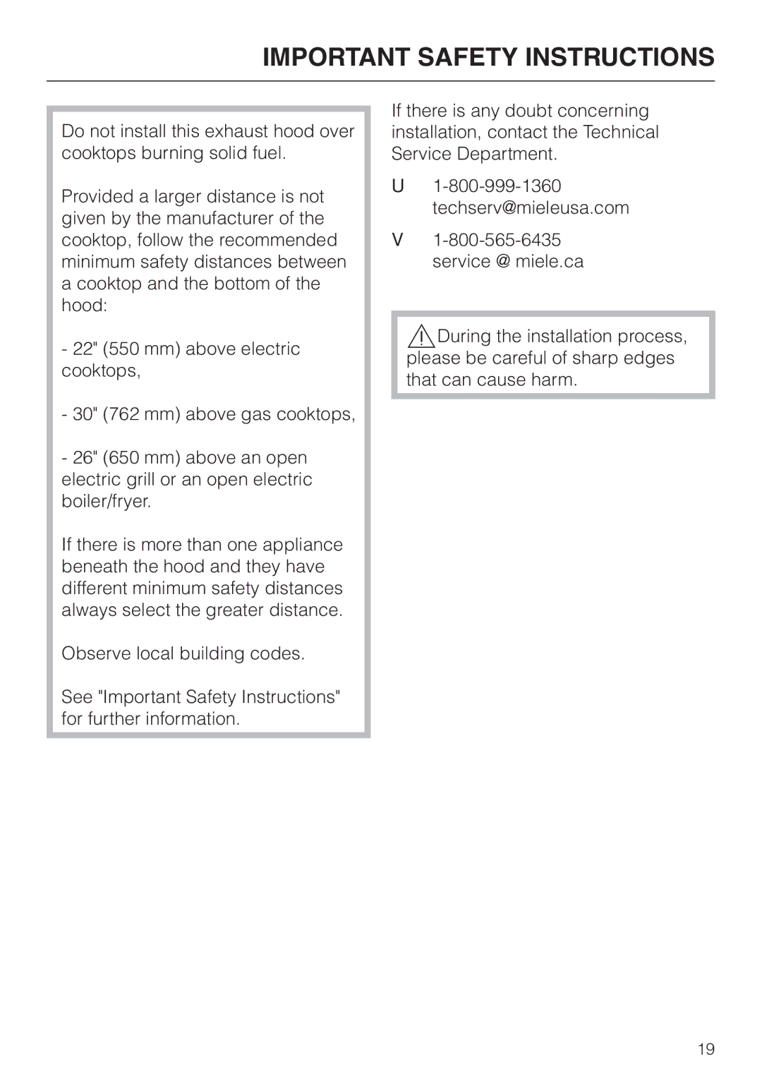 Miele DA3190, DA 3180, DA 3160 installation instructions Important Safety Instructions 