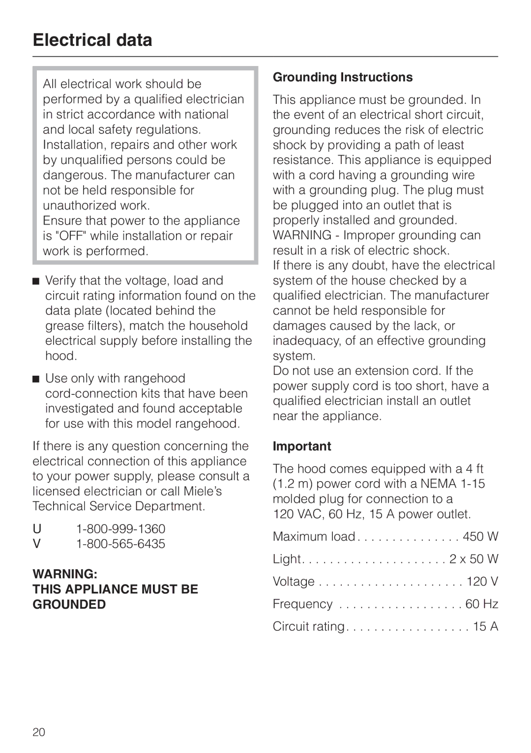 Miele DA 3160, DA 3180, DA3190 installation instructions Electrical data, Grounding Instructions 