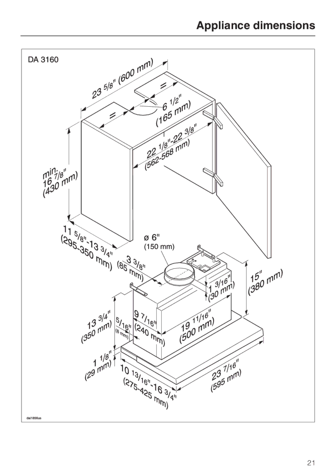 Miele DA 3180, DA3190, DA 3160 installation instructions Appliance dimensions 