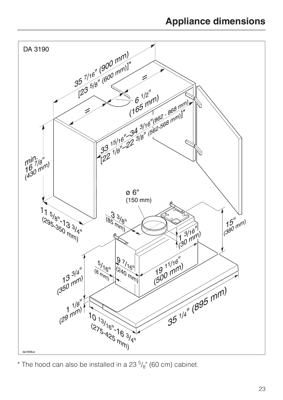 Miele DA 3160, DA 3180, DA3190 installation instructions Appliance dimensions 