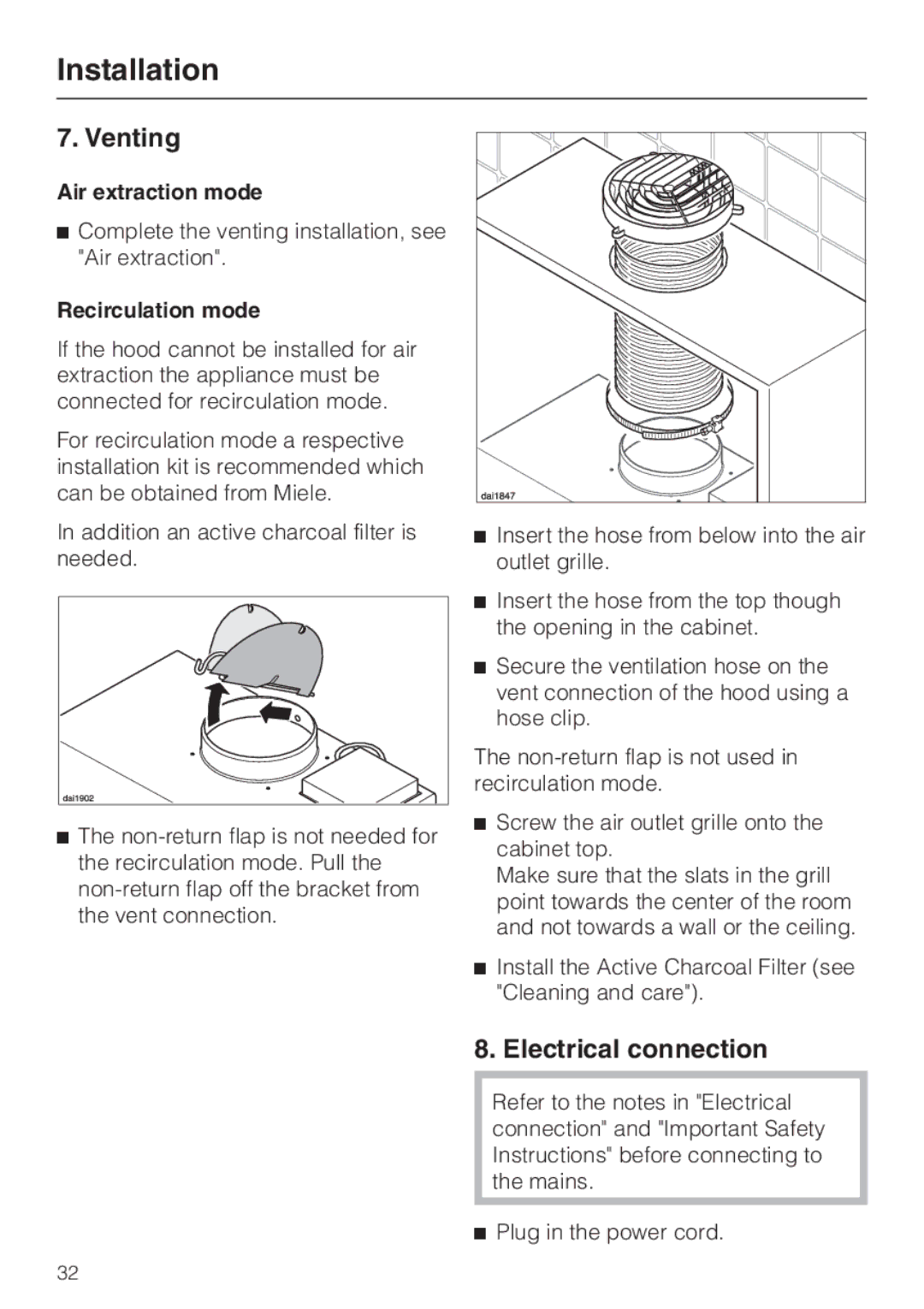 Miele DA 3160, DA 3180, DA3190 Venting, Electrical connection, Air extraction mode, Recirculation mode 