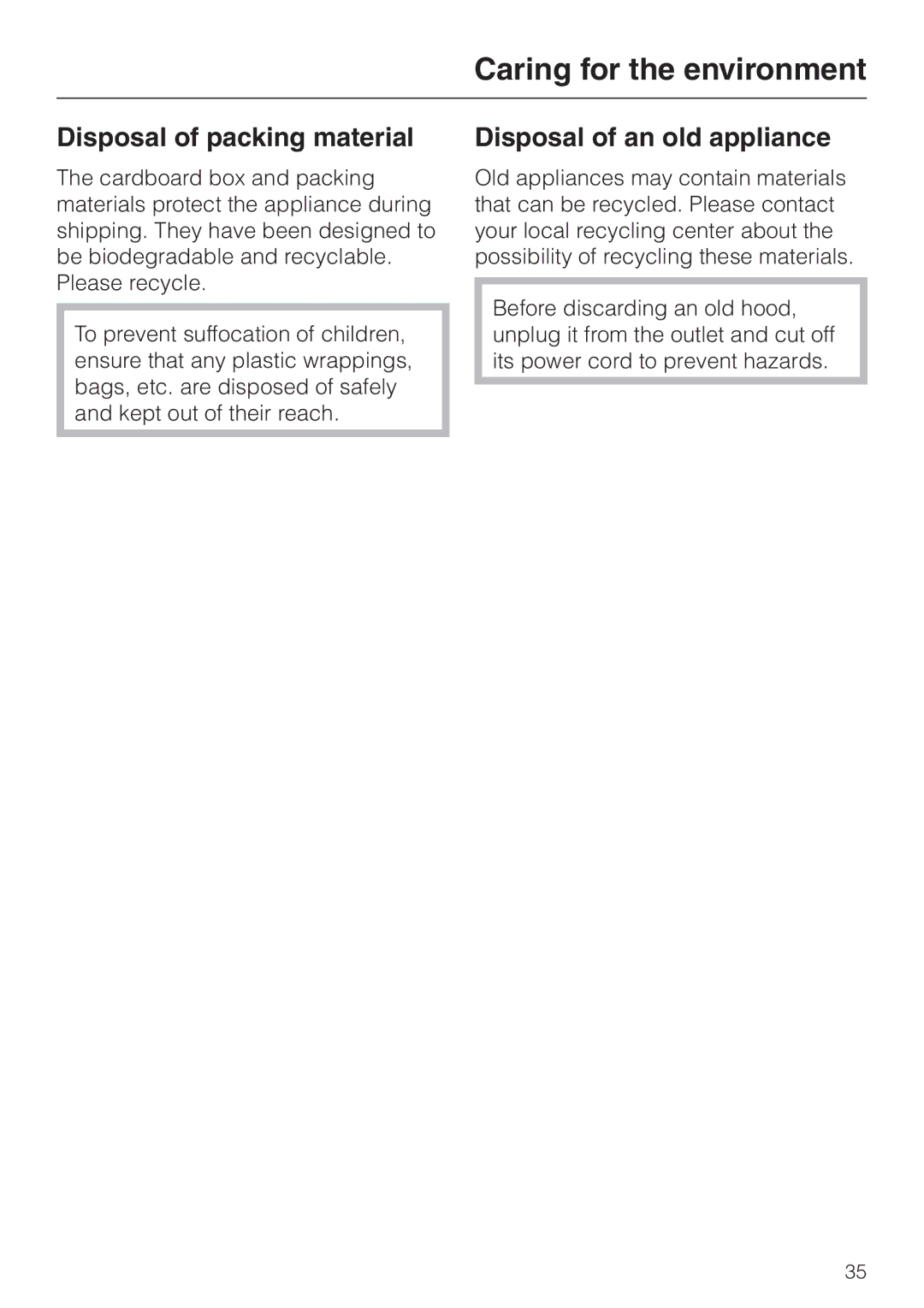 Miele DA 3160, DA 3180, DA3190 Caring for the environment, Disposal of packing material, Disposal of an old appliance 