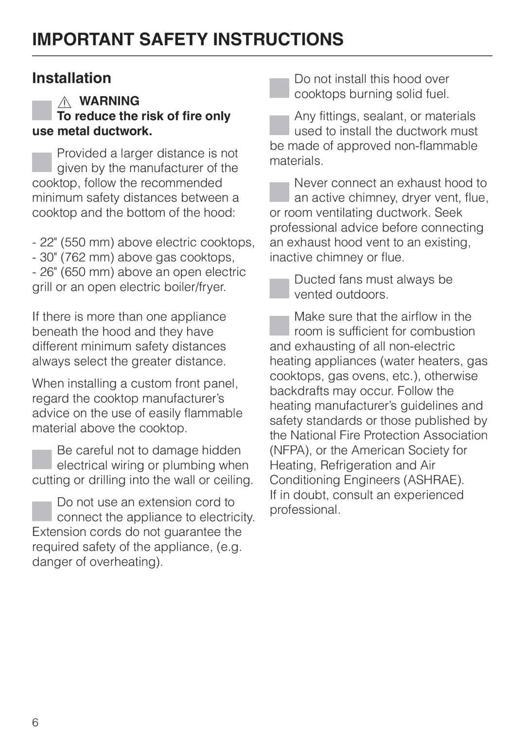 Miele DA 3180, DA3190, DA 3160 installation instructions Installation, To reduce the risk of fire only use metal ductwork 