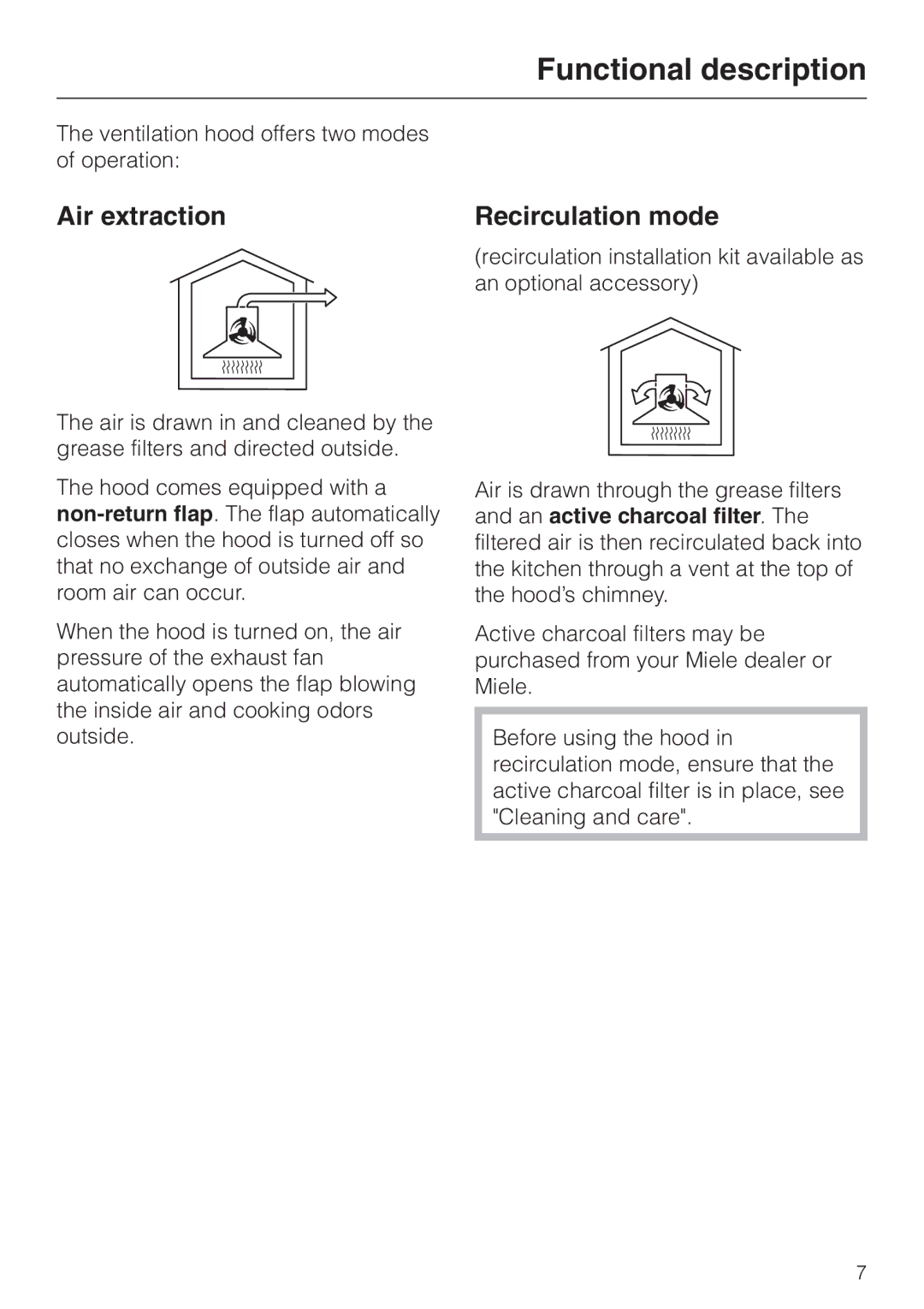 Miele DA3190, DA 3180, DA 3160 installation instructions Functional description, Air extraction Recirculation mode 