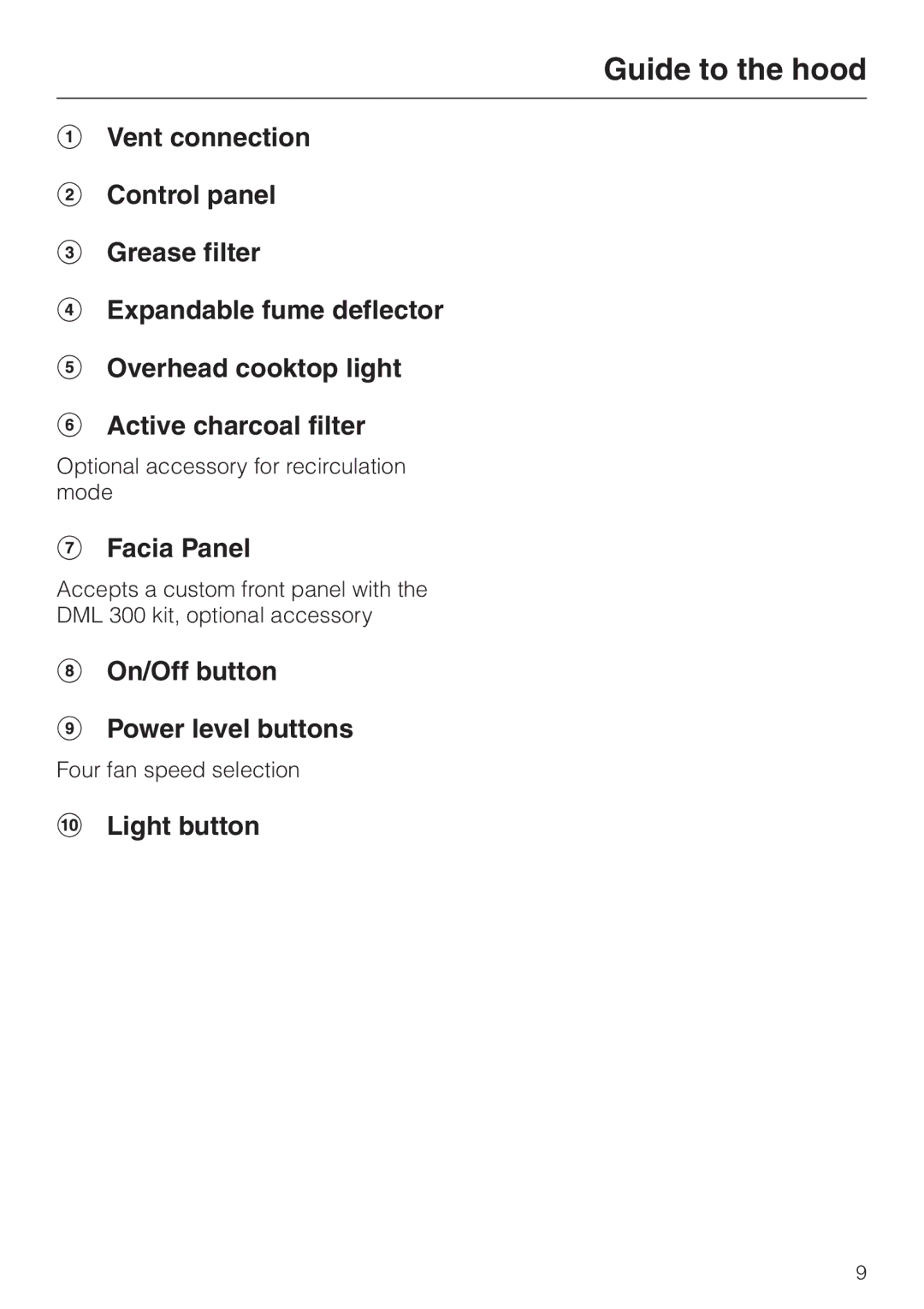 Miele DA 3180, DA3190, DA 3160 installation instructions Facia Panel, On/Off button Power level buttons, Light button 