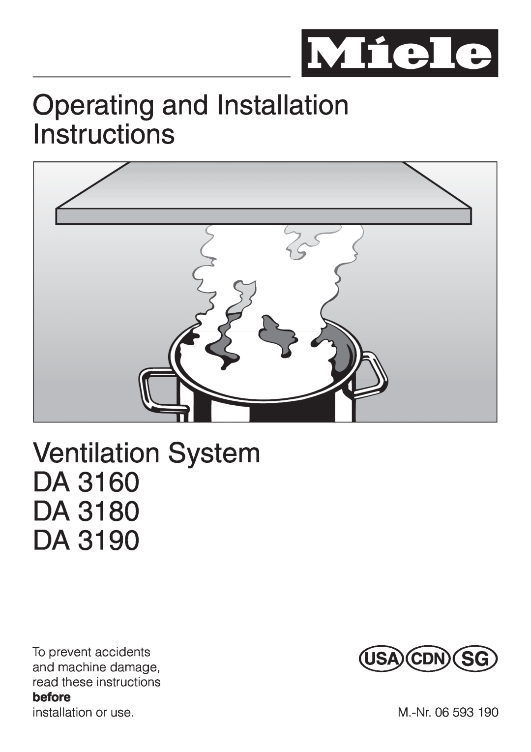 Miele DA3190, DA 3180 installation instructions Operating and Installation Instructions, Ventilation System DA DA DA 