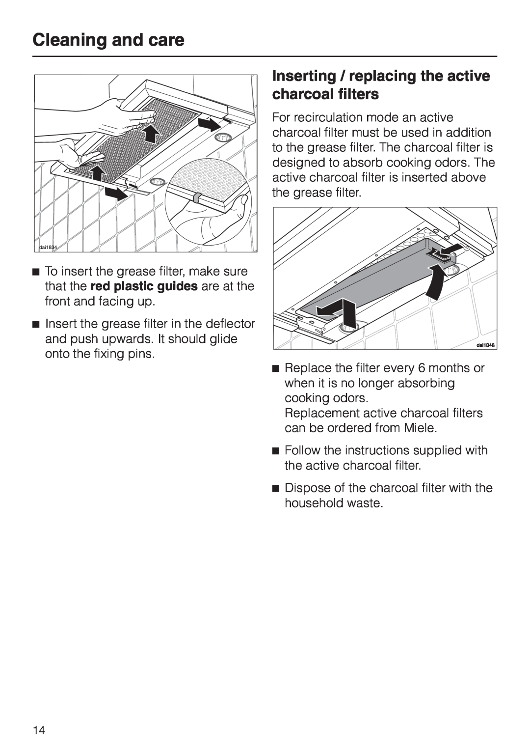 Miele DA 3160, DA 3180, DA3190 installation instructions Inserting / replacing the active charcoal filters, Cleaning and care 