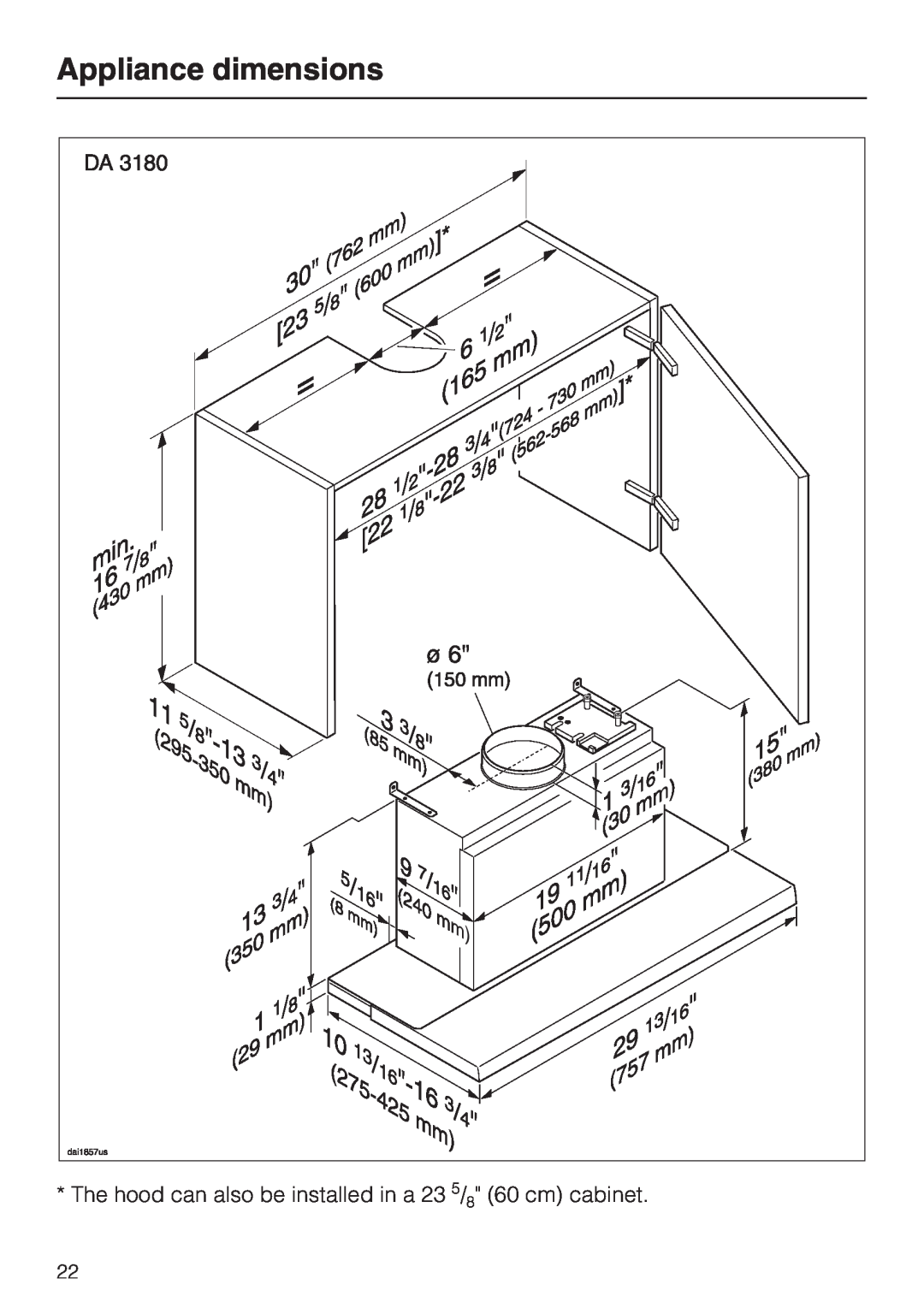 Miele DA3190, DA 3180, DA 3160 installation instructions Appliance dimensions 
