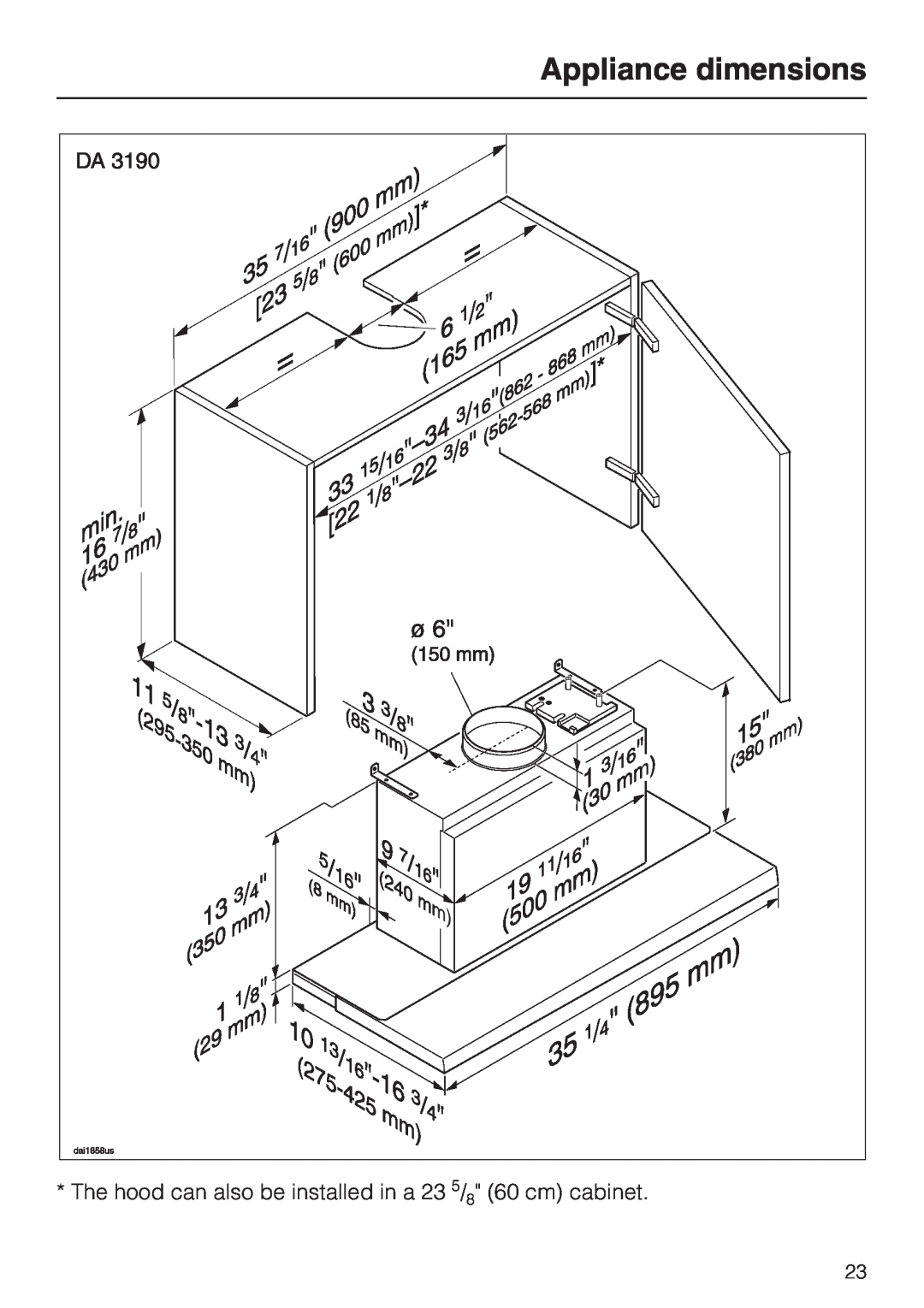 Miele DA 3160, DA 3180, DA3190 installation instructions Appliance dimensions 