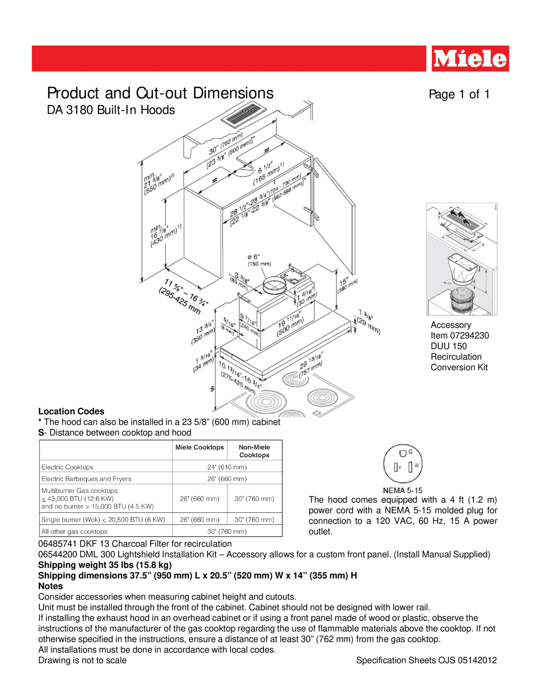 Miele dimensions Product and Cut-outDimensions, Page 1 of, DA 3180 Built-InHoods, Location Codes 