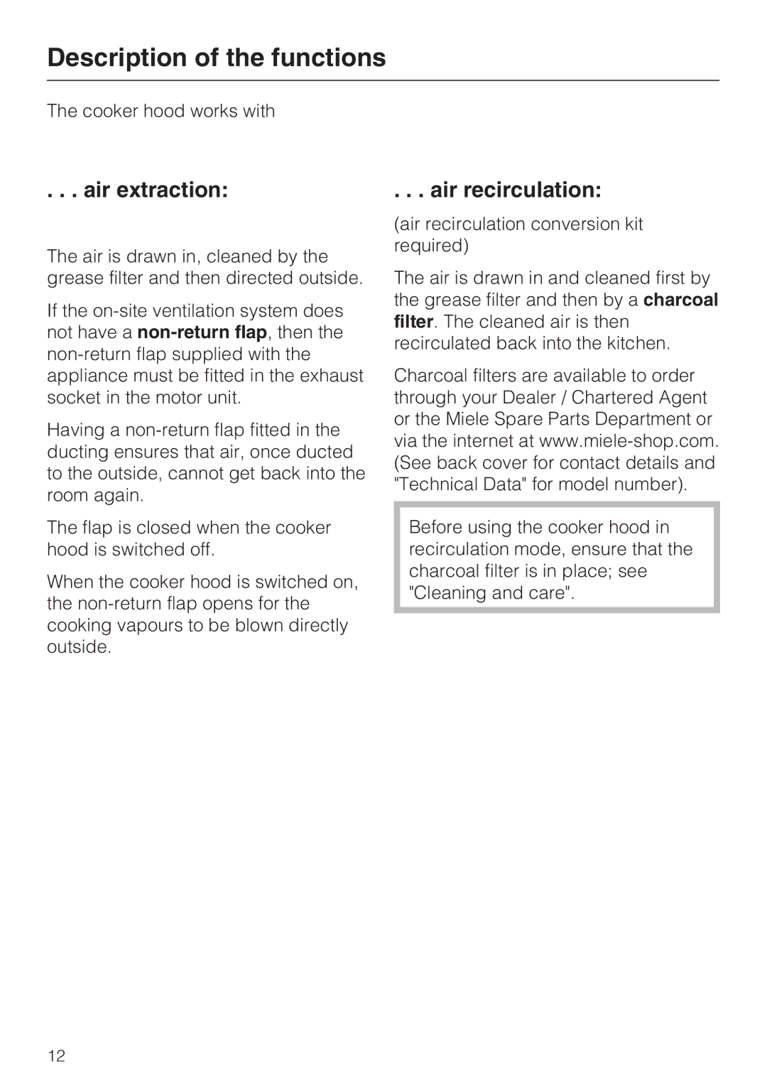 Miele DA 3190, DA 3160 installation instructions Description of the functions, Air extraction, Air recirculation 