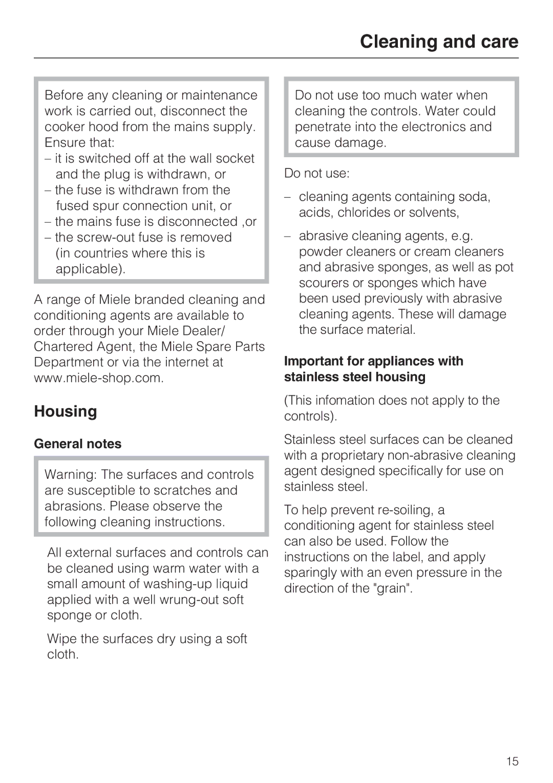 Miele DA 3160, DA 3190 Cleaning and care, Housing, General notes, Important for appliances with stainless steel housing 