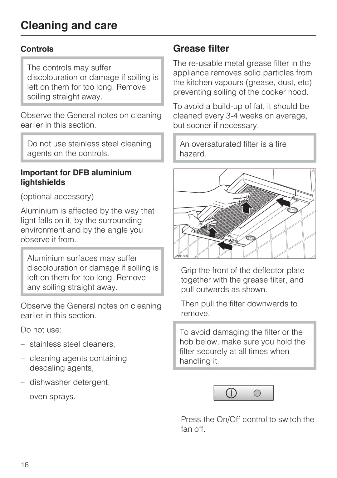 Miele DA 3190, DA 3160 installation instructions Grease filter, Controls, Important for DFB aluminium lightshields 