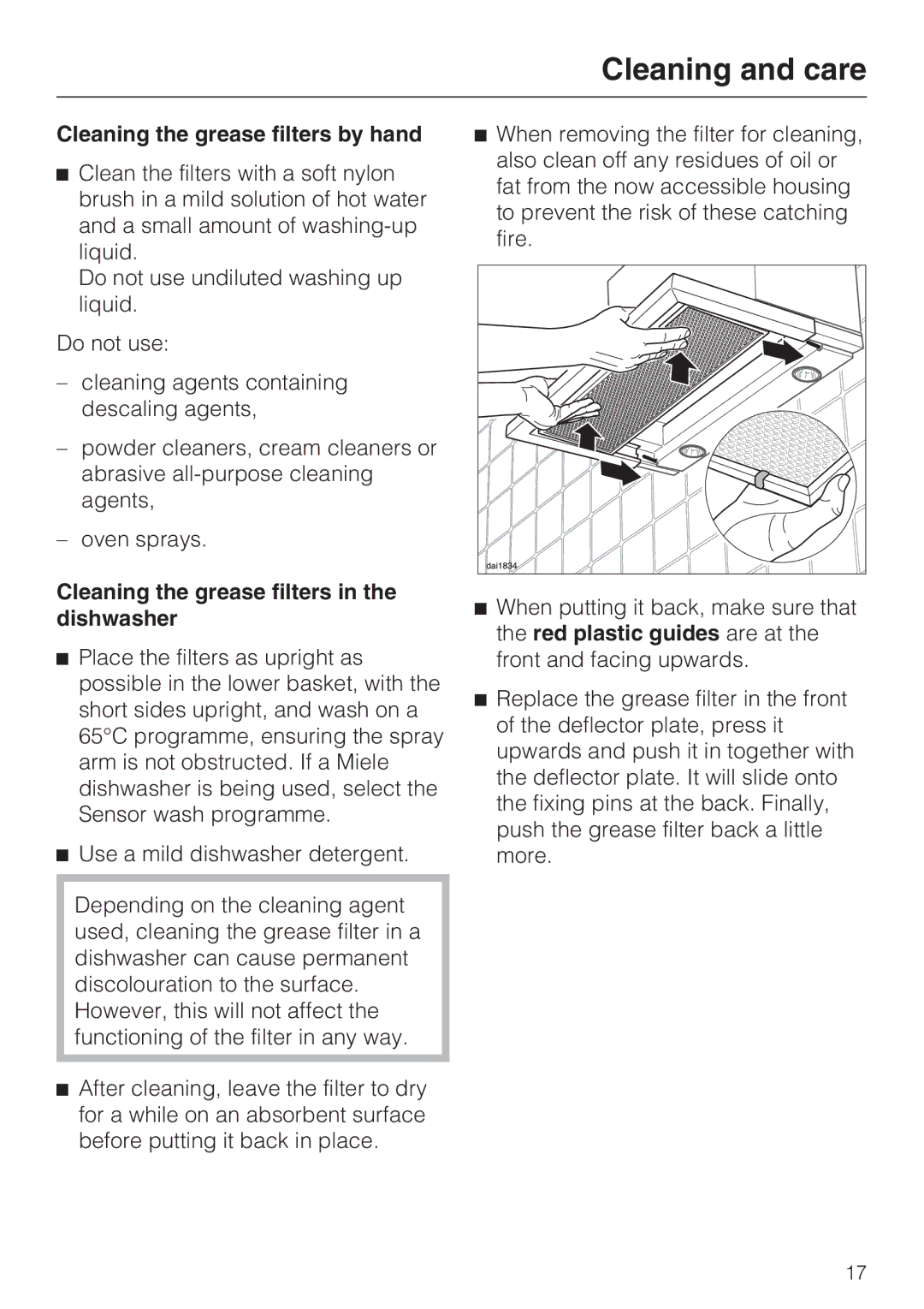 Miele DA 3160, DA 3190 Cleaning the grease filters by hand, Cleaning the grease filters in the dishwasher 