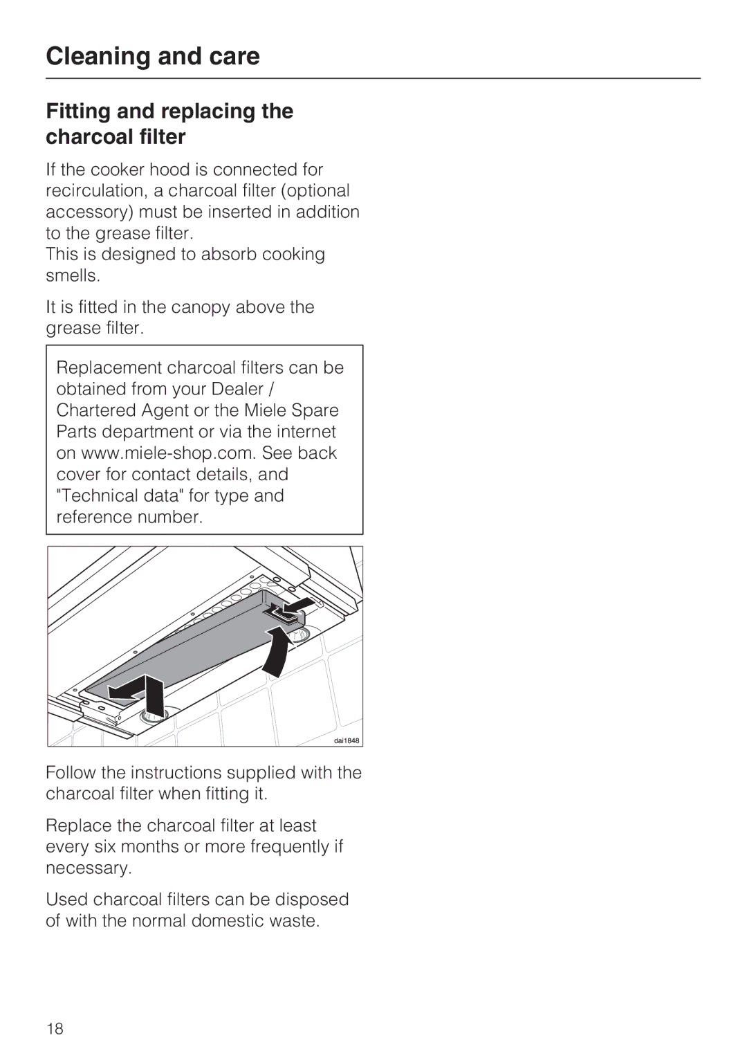 Miele DA 3190, DA 3160 installation instructions Fitting and replacing the charcoal filter 