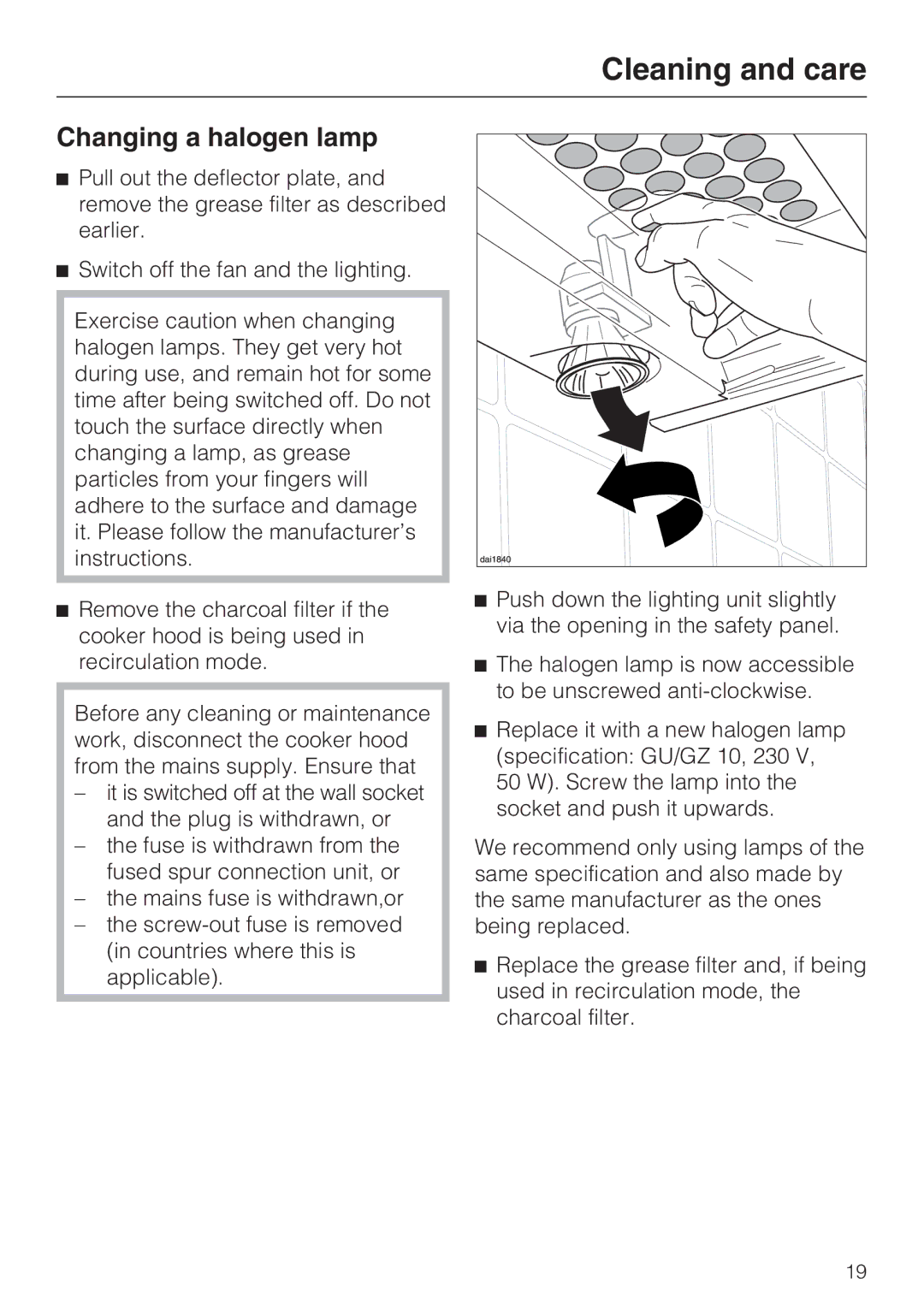 Miele DA 3160, DA 3190 installation instructions Changing a halogen lamp 