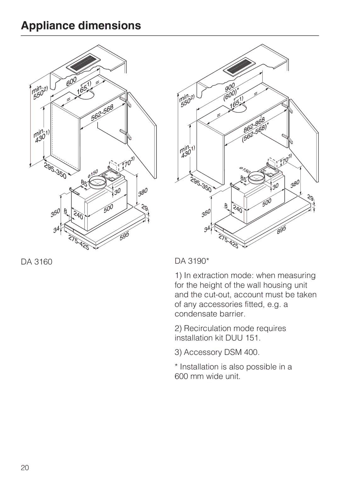 Miele DA 3190, DA 3160 installation instructions Appliance dimensions 