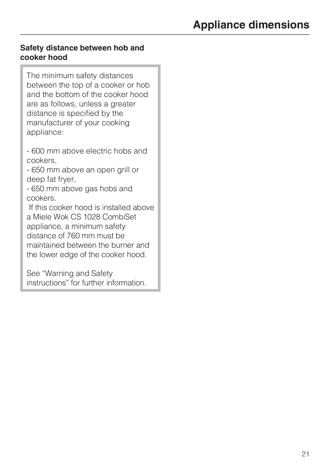 Miele DA 3160, DA 3190 installation instructions Safety distance between hob and cooker hood 