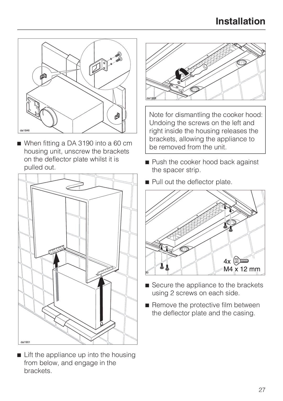 Miele DA 3160, DA 3190 installation instructions Installation 