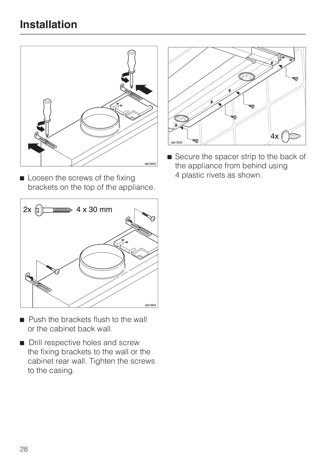 Miele DA 3190, DA 3160 installation instructions Secure the spacer strip to the back 