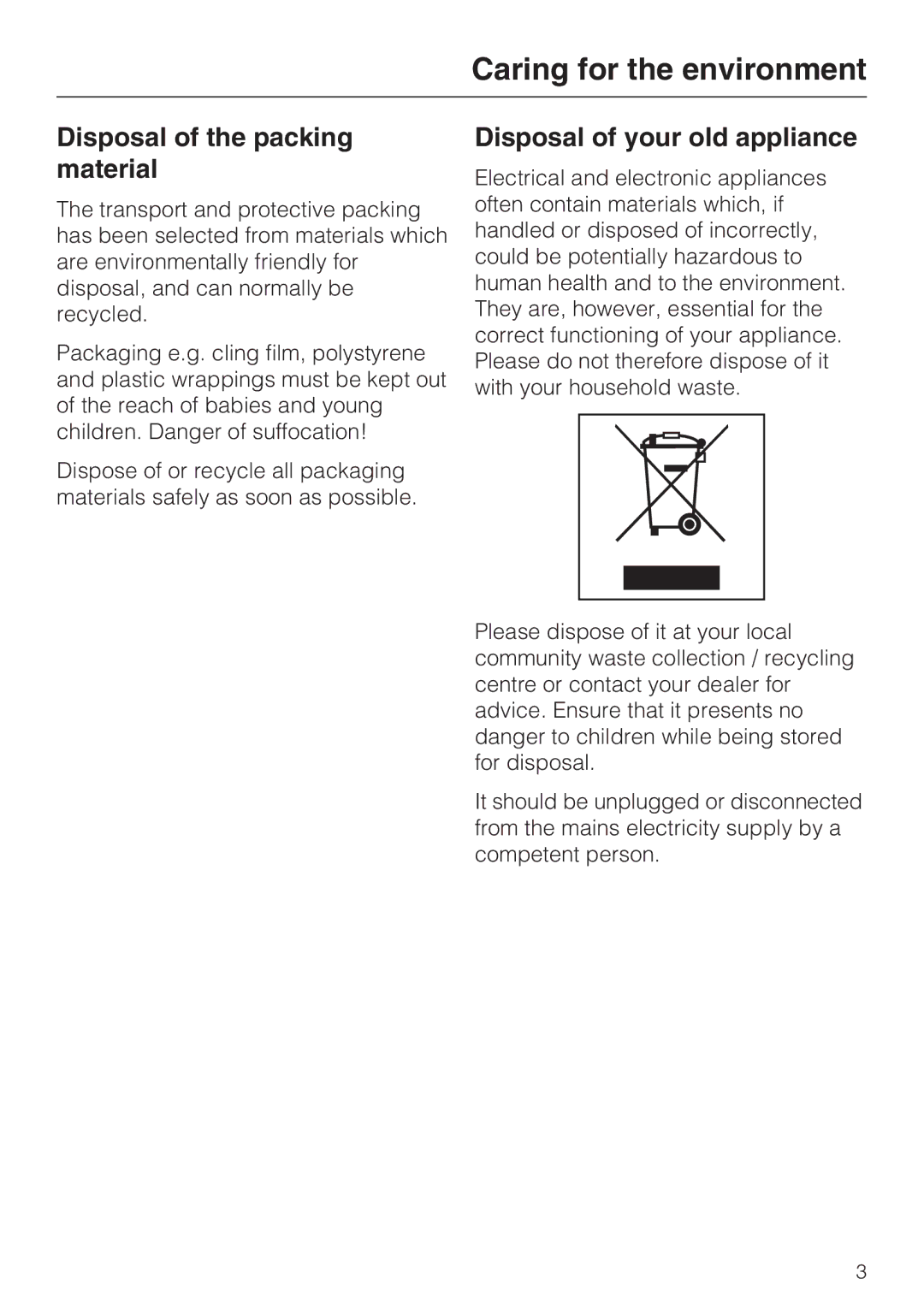 Miele DA 3160, DA 3190 Caring for the environment, Disposal of the packing material, Disposal of your old appliance 