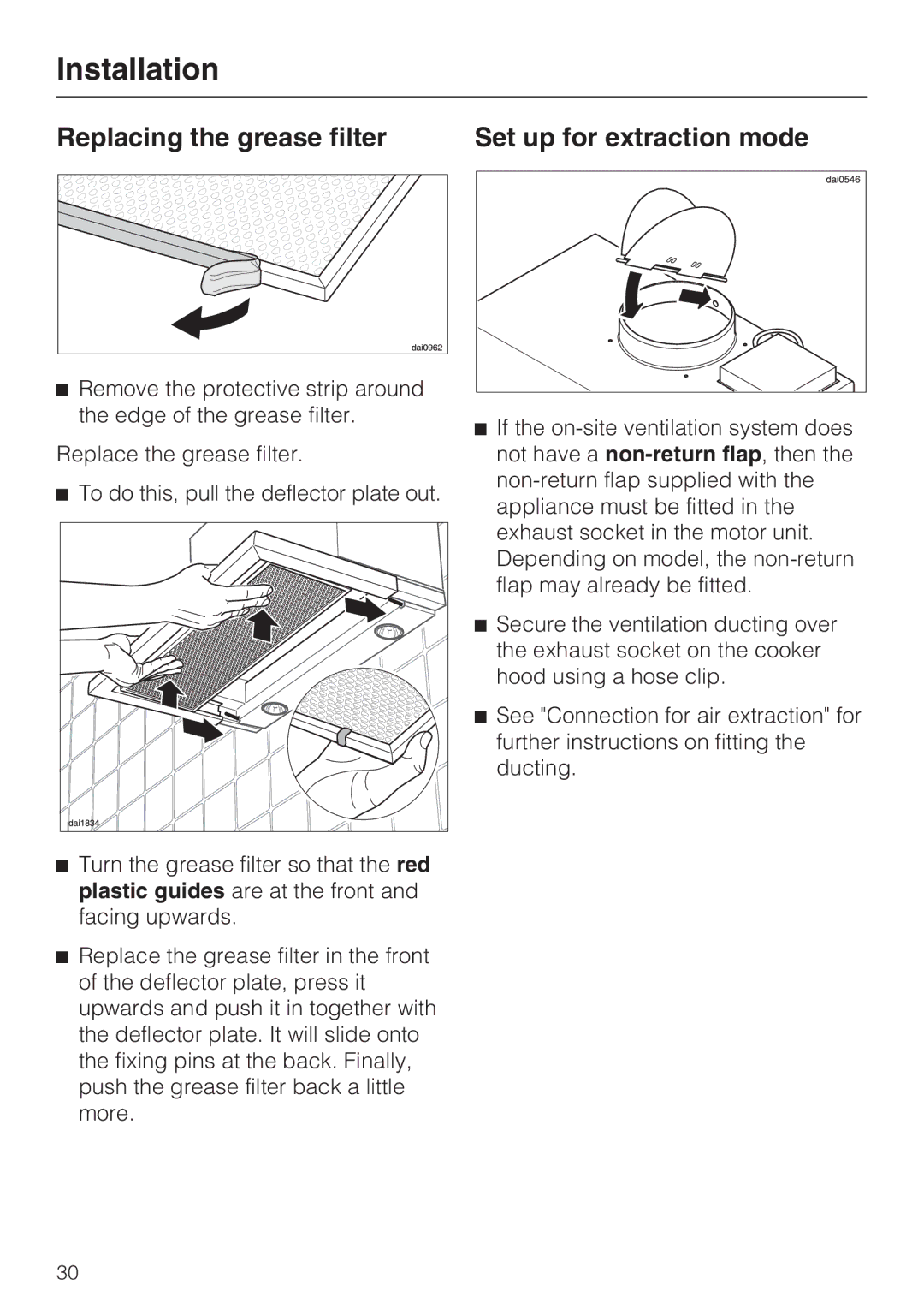 Miele DA 3190, DA 3160 installation instructions Replacing the grease filter Set up for extraction mode 