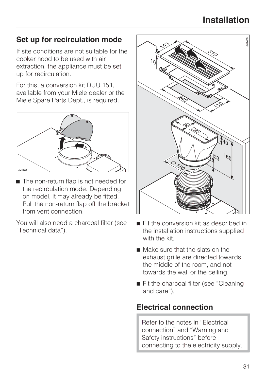 Miele DA 3160, DA 3190 installation instructions Set up for recirculation mode, Electrical connection 