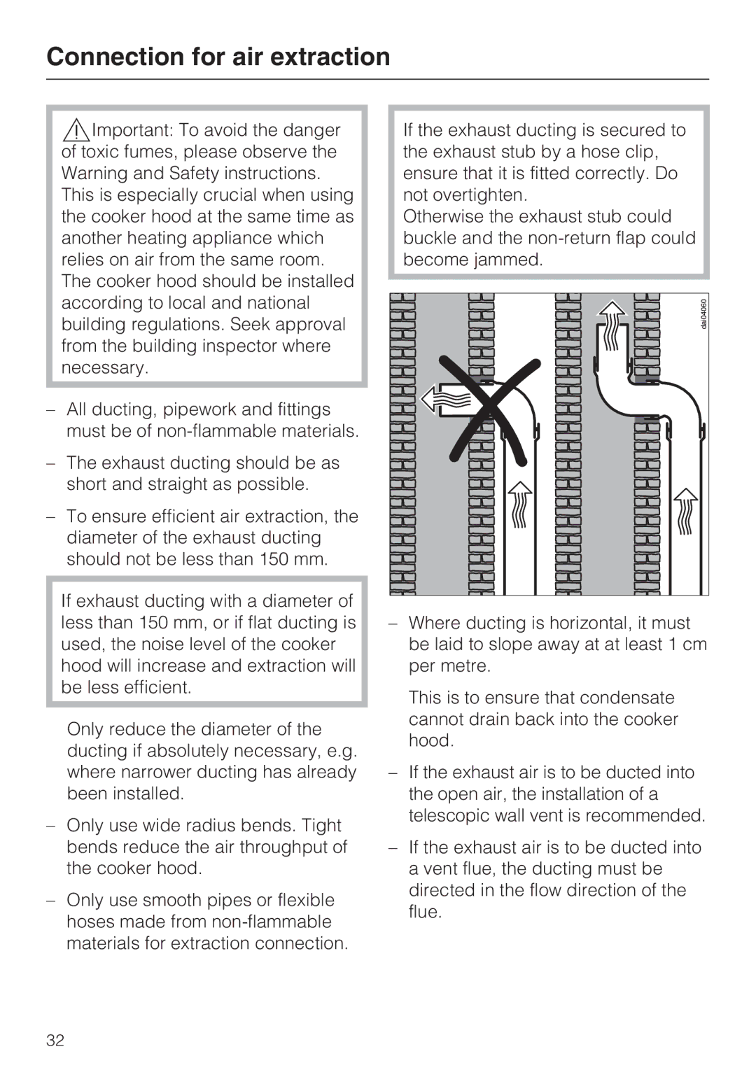 Miele DA 3190, DA 3160 installation instructions Connection for air extraction 