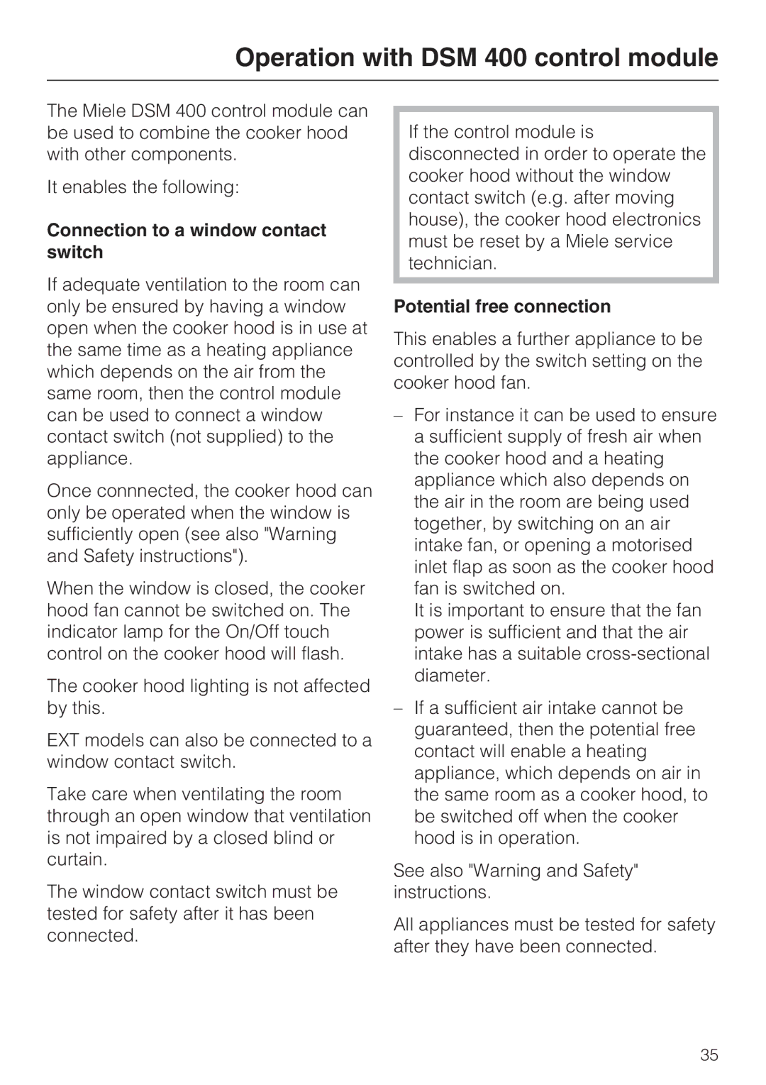 Miele DA 3160 Operation with DSM 400 control module, Connection to a window contact switch, Potential free connection 