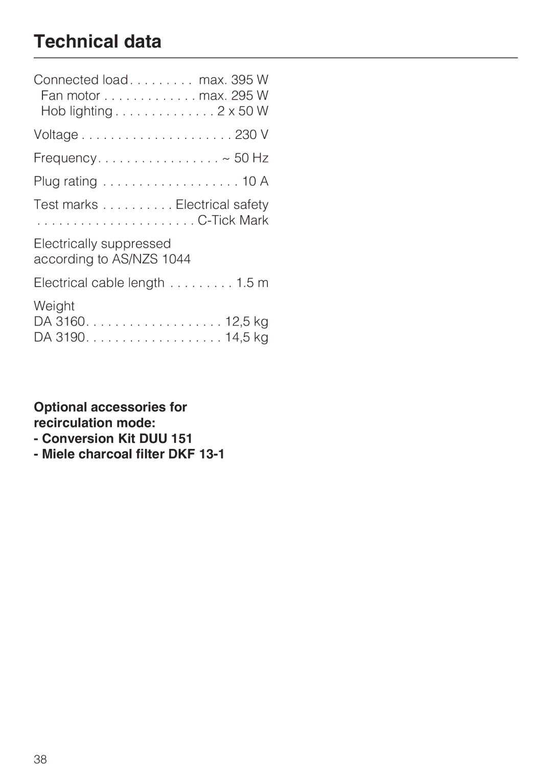 Miele DA 3190, DA 3160 installation instructions Technical data 