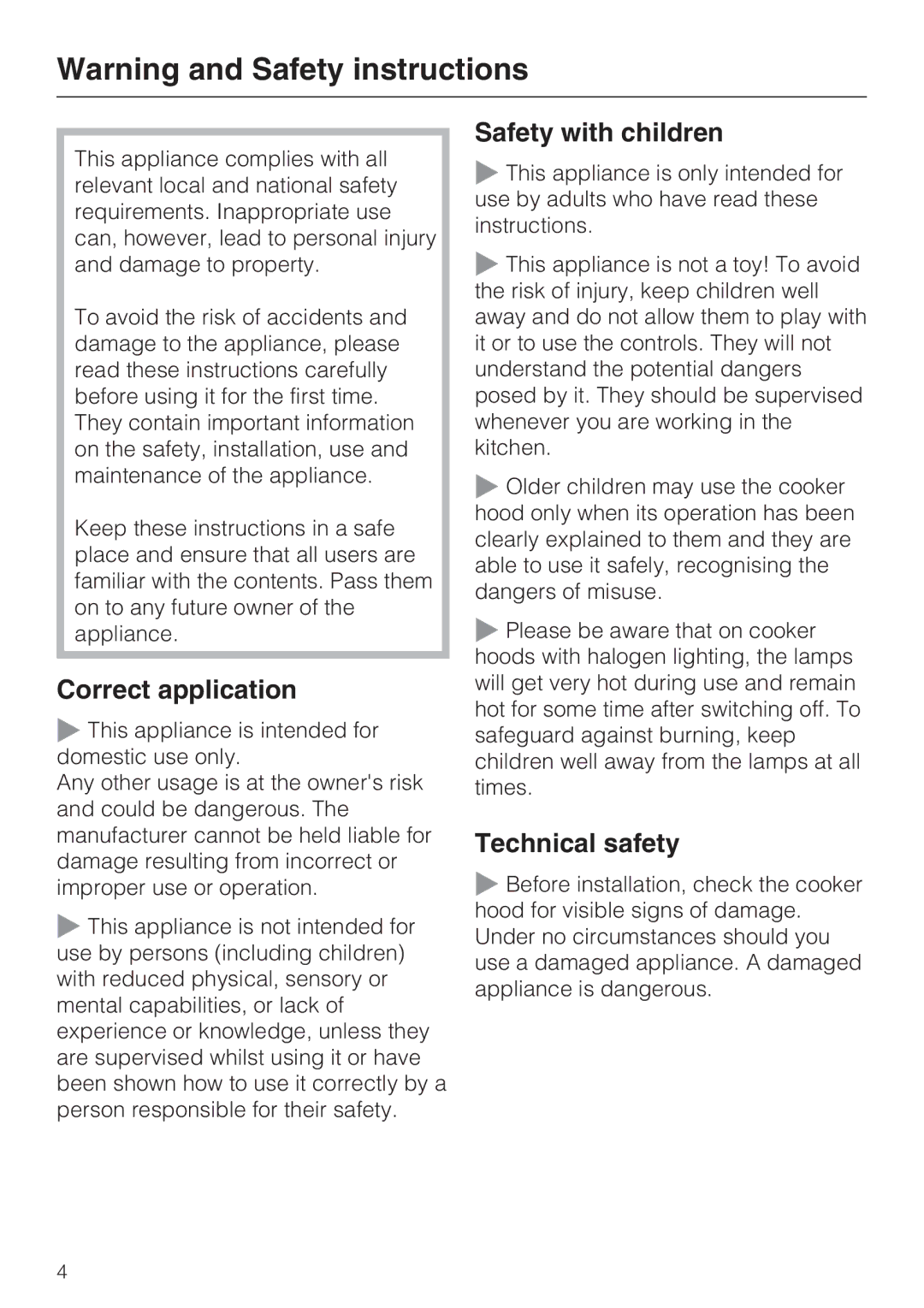 Miele DA 3190, DA 3160 installation instructions Correct application, Safety with children, Technical safety 