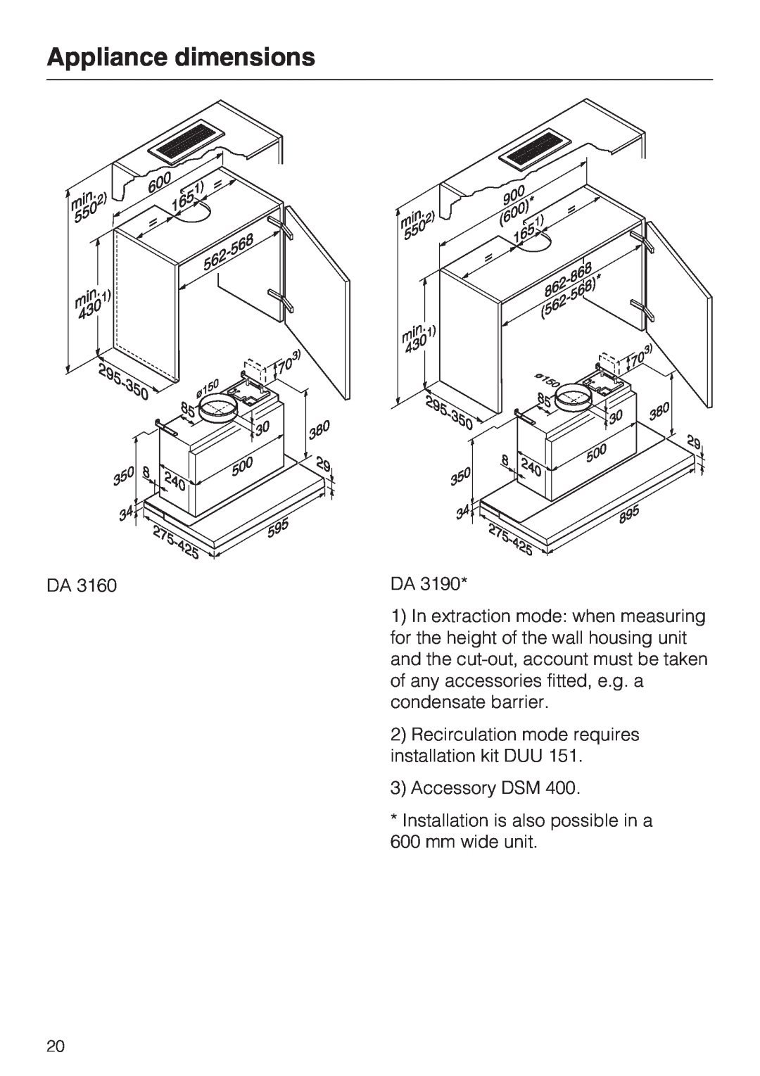 Miele DA 3190, DA 3160 installation instructions Appliance dimensions 
