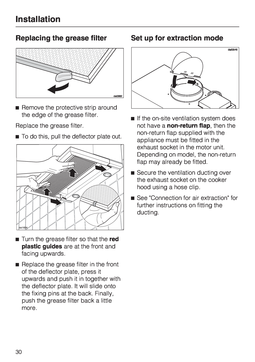 Miele DA 3190, DA 3160 installation instructions Replacing the grease filter, Set up for extraction mode, Installation 