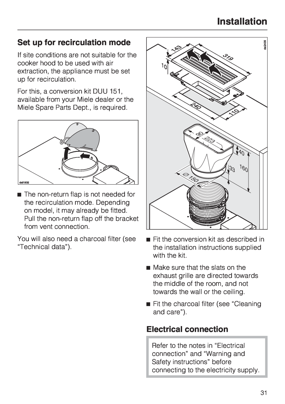 Miele DA 3160, DA 3190 installation instructions Set up for recirculation mode, Electrical connection, Installation 