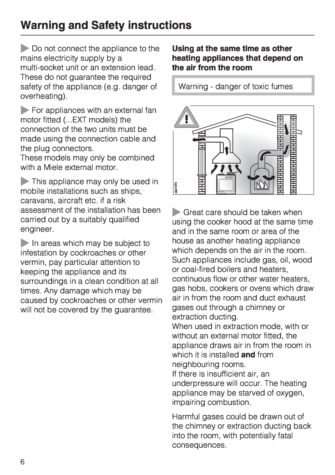 Miele DA 3190, DA 3160 installation instructions Warning and Safety instructions, Warning - danger of toxic fumes 