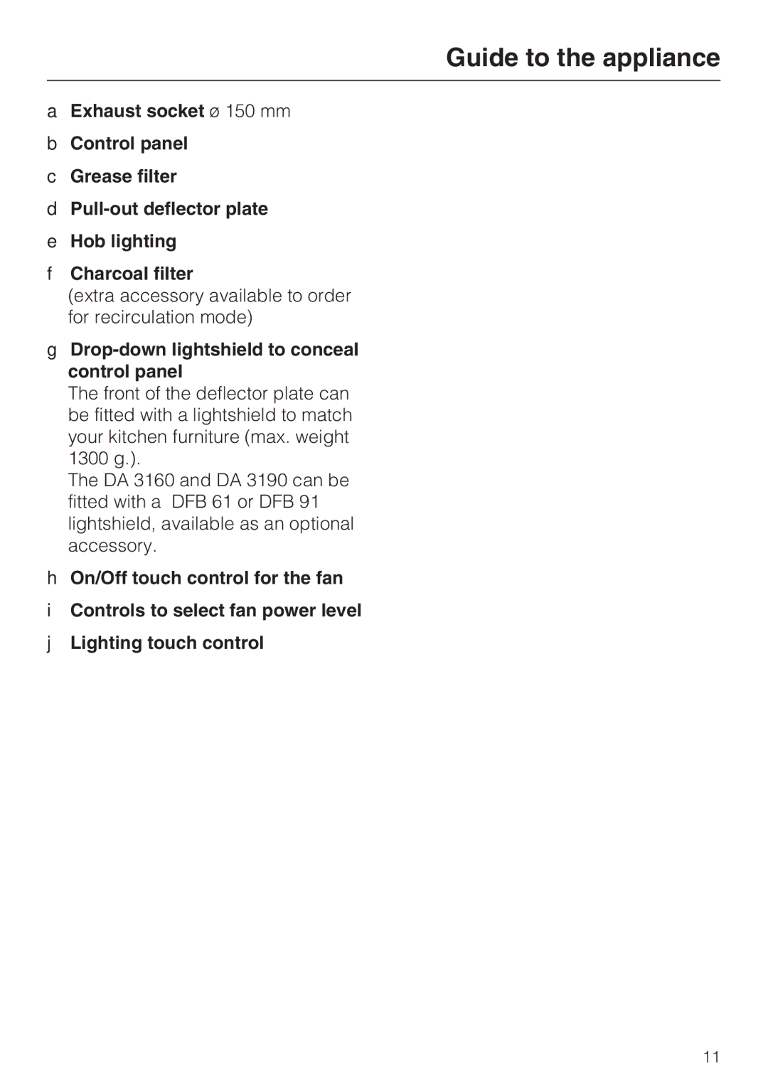 Miele DA 3160 EXT, DA 3190 EXT installation instructions Drop-down lightshield to conceal control panel 