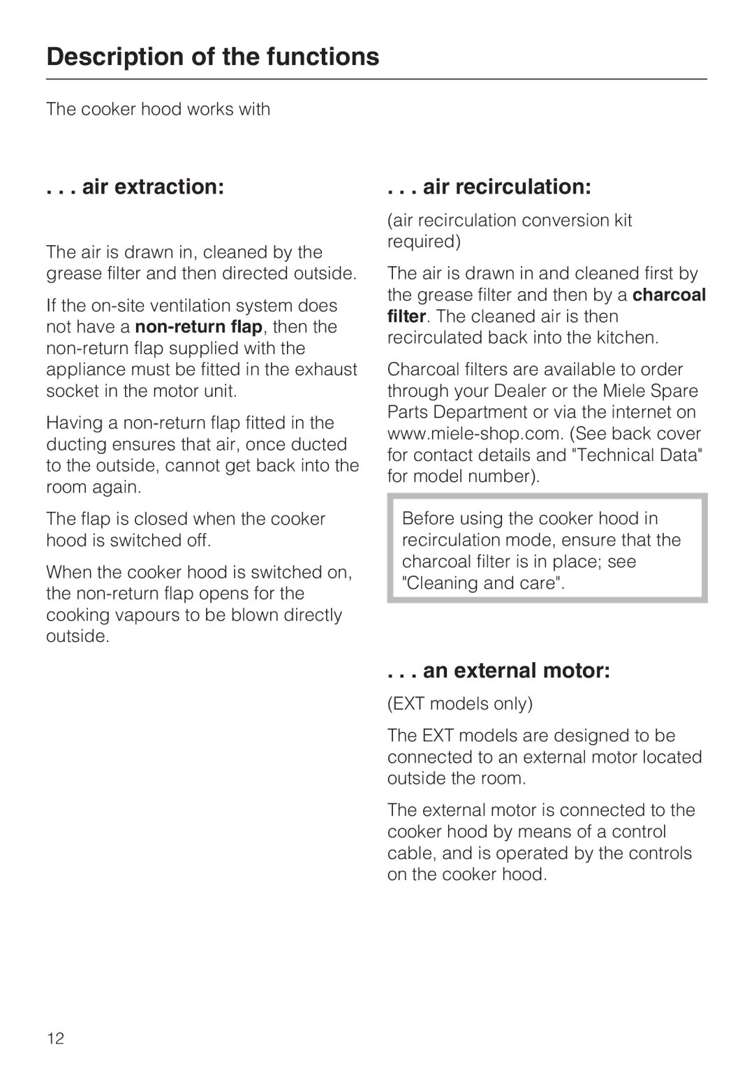 Miele DA 3190 EXT, DA 3160 EXT Description of the functions, Air extraction, Air recirculation, An external motor 