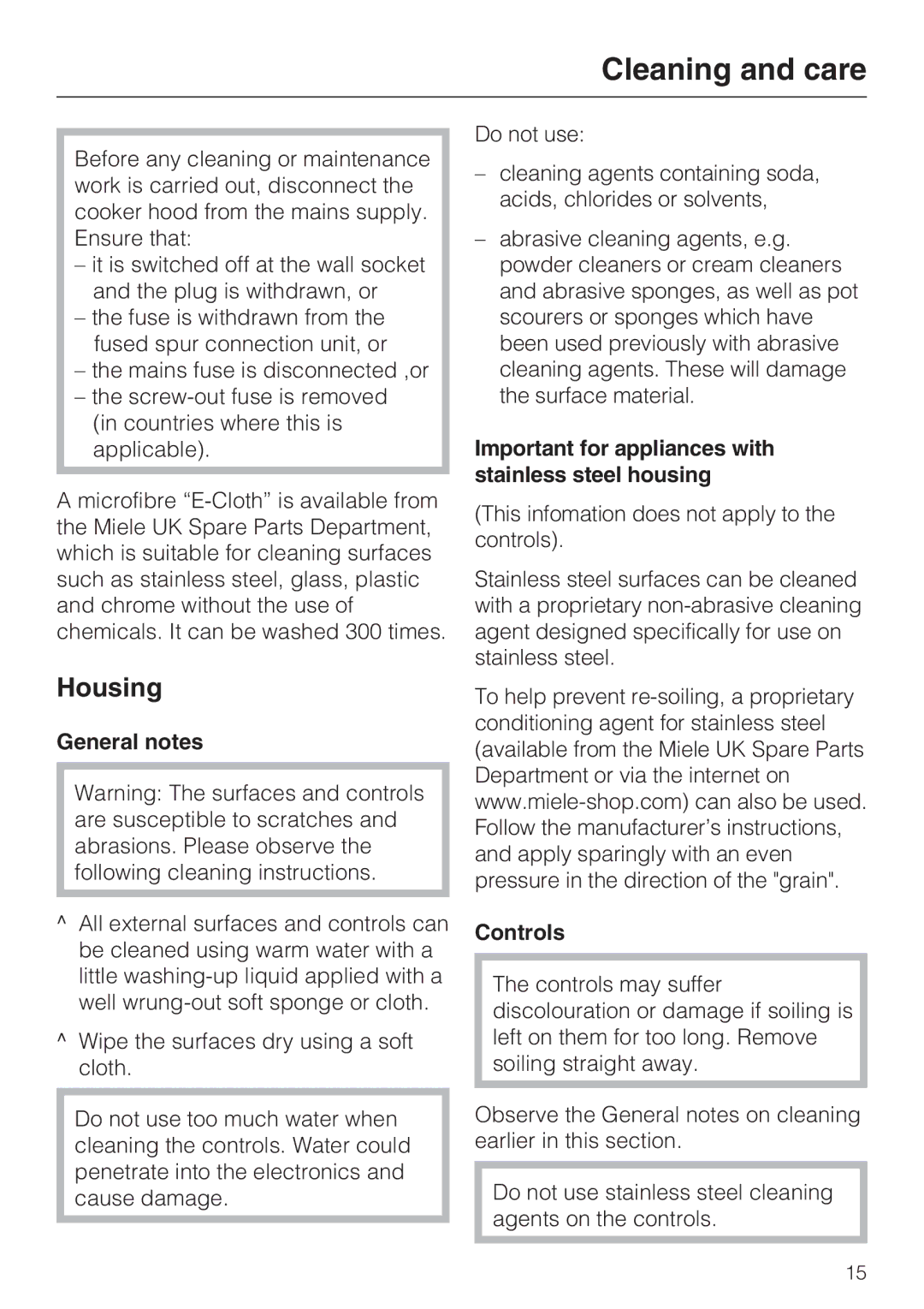 Miele DA 3160 EXT Cleaning and care, Housing, General notes, Important for appliances with stainless steel housing 