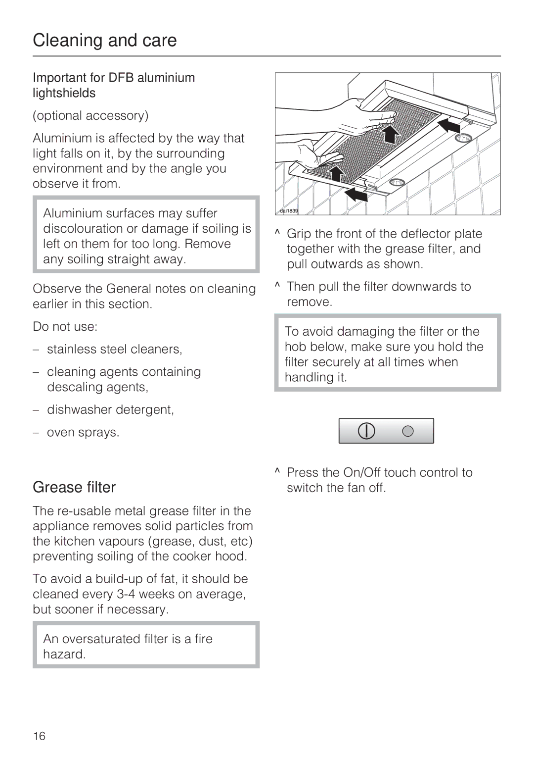 Miele DA 3190 EXT, DA 3160 EXT installation instructions Grease filter, Important for DFB aluminium lightshields 