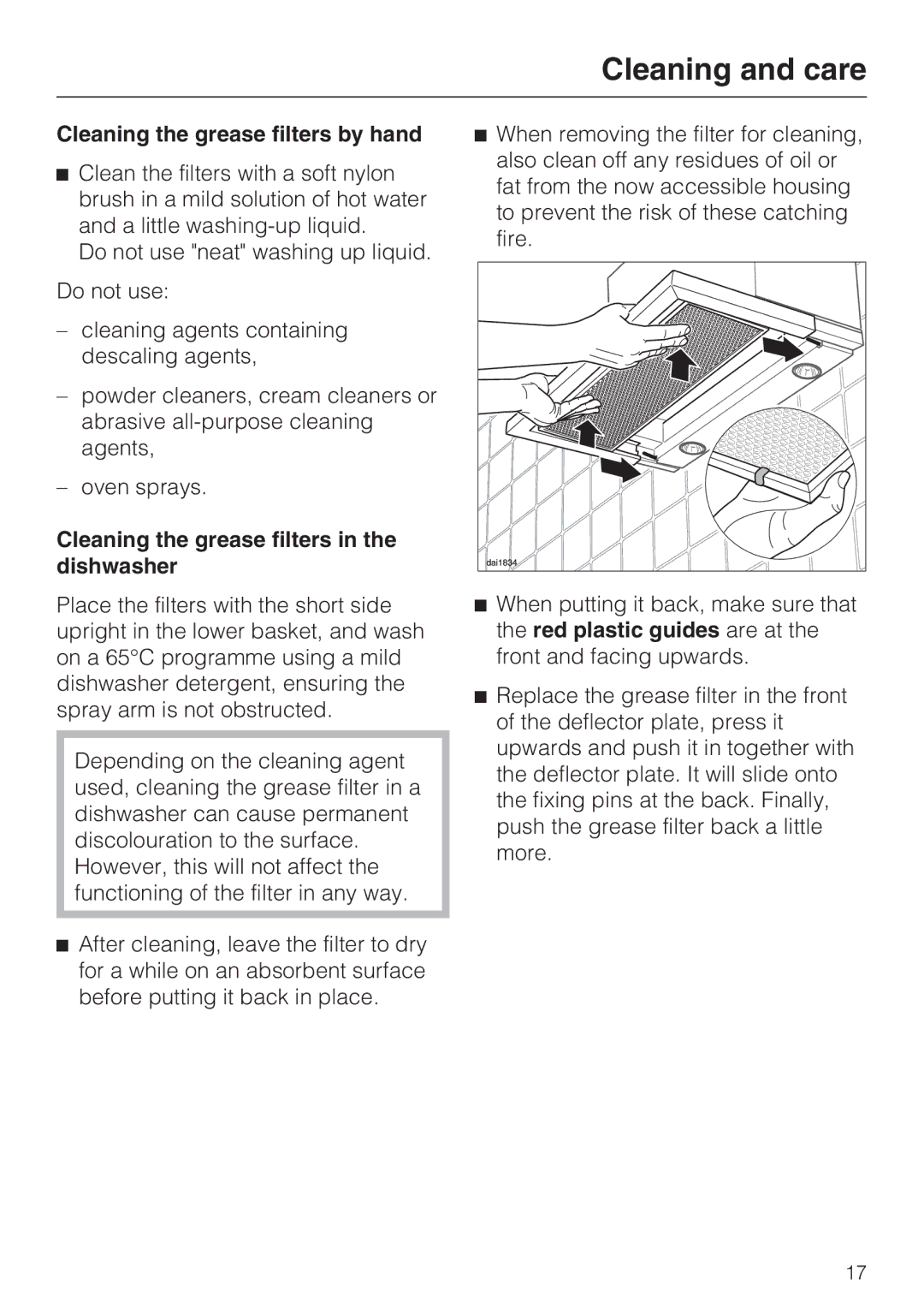 Miele DA 3160 EXT, DA 3190 EXT Cleaning the grease filters by hand, Cleaning the grease filters in the dishwasher 